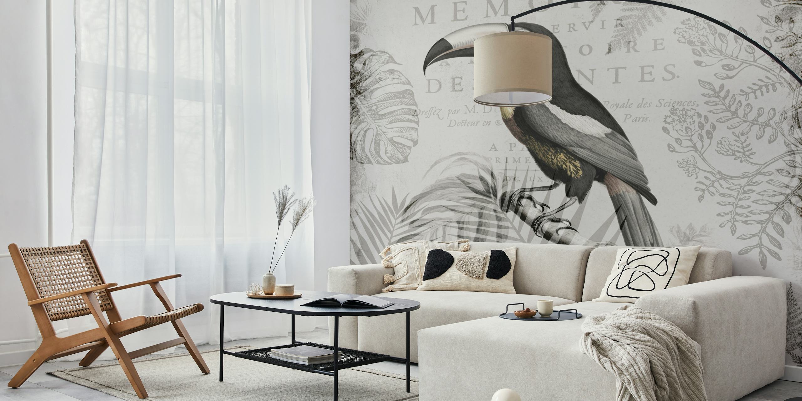Toucans Tropical Paradise Grey papel pintado en una habitación