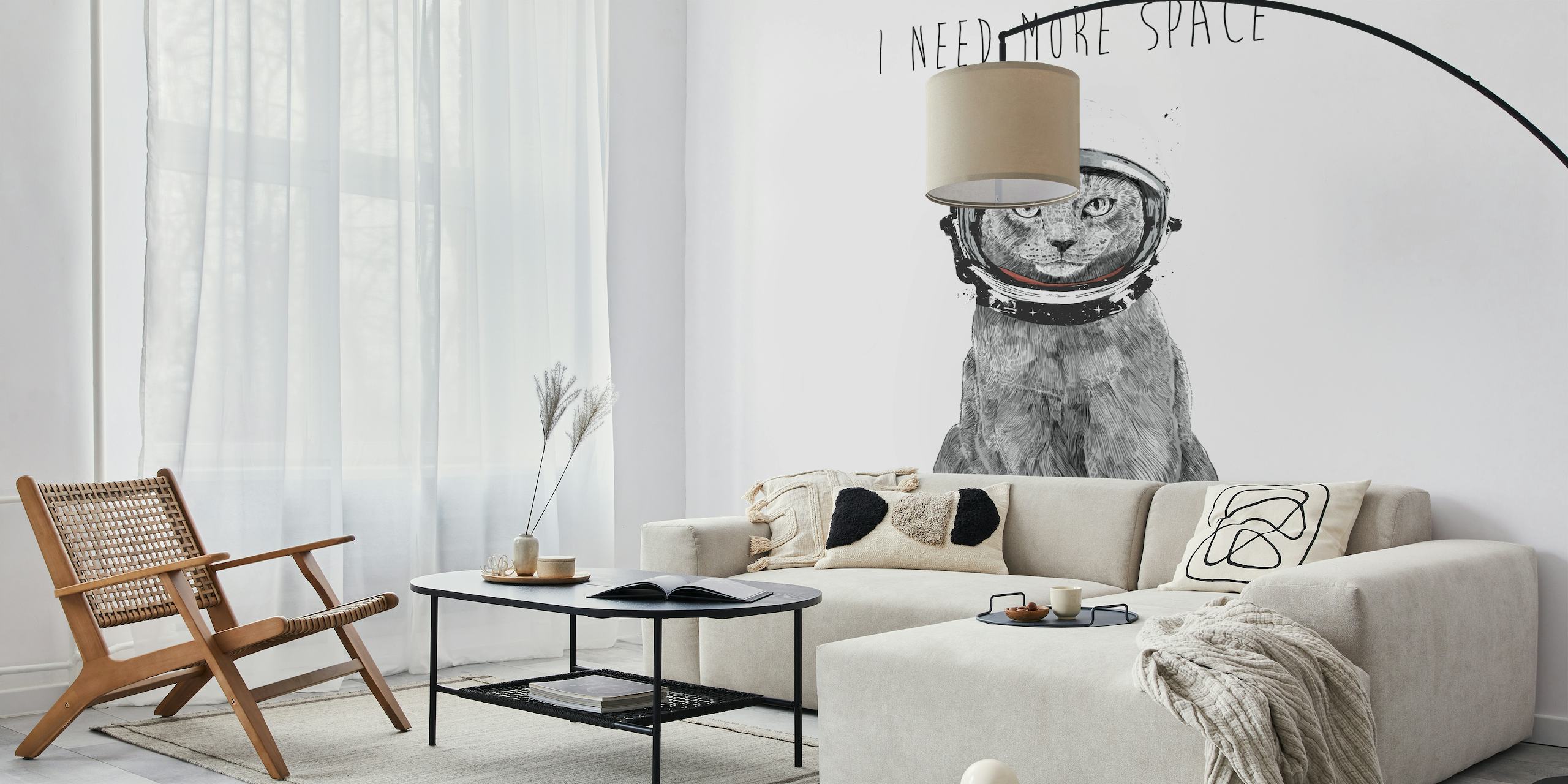 Cat in astronaut helmet wall mural with 'I Need More Space' text