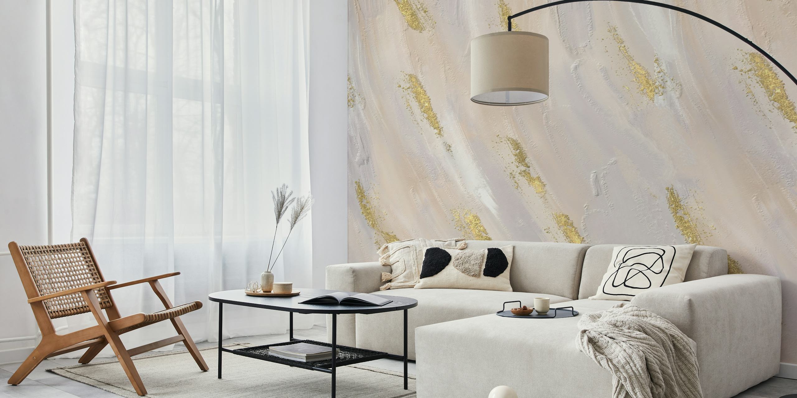 Abstract neutral wall mural with gold streaks adding a touch of luxury and elegance.