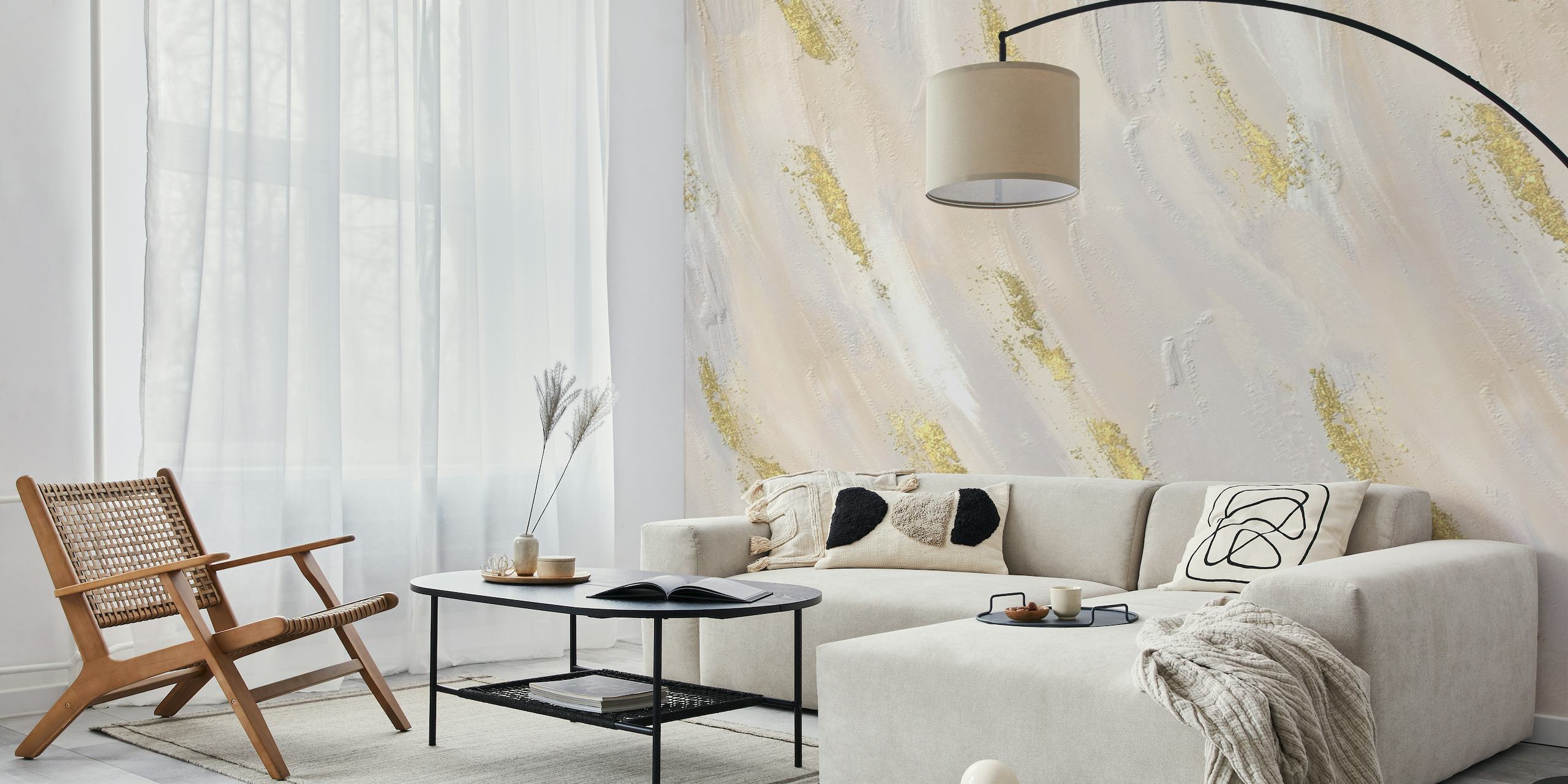 Abstract neutral wall mural with gold streaks adding a touch of luxury and elegance.