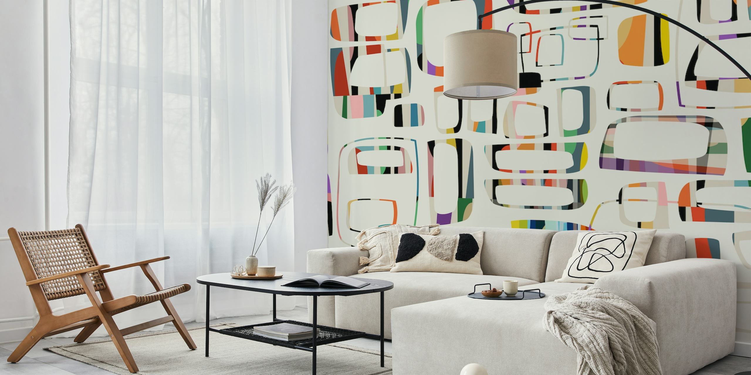 Abstract geometric wall mural with playful shapes and colors