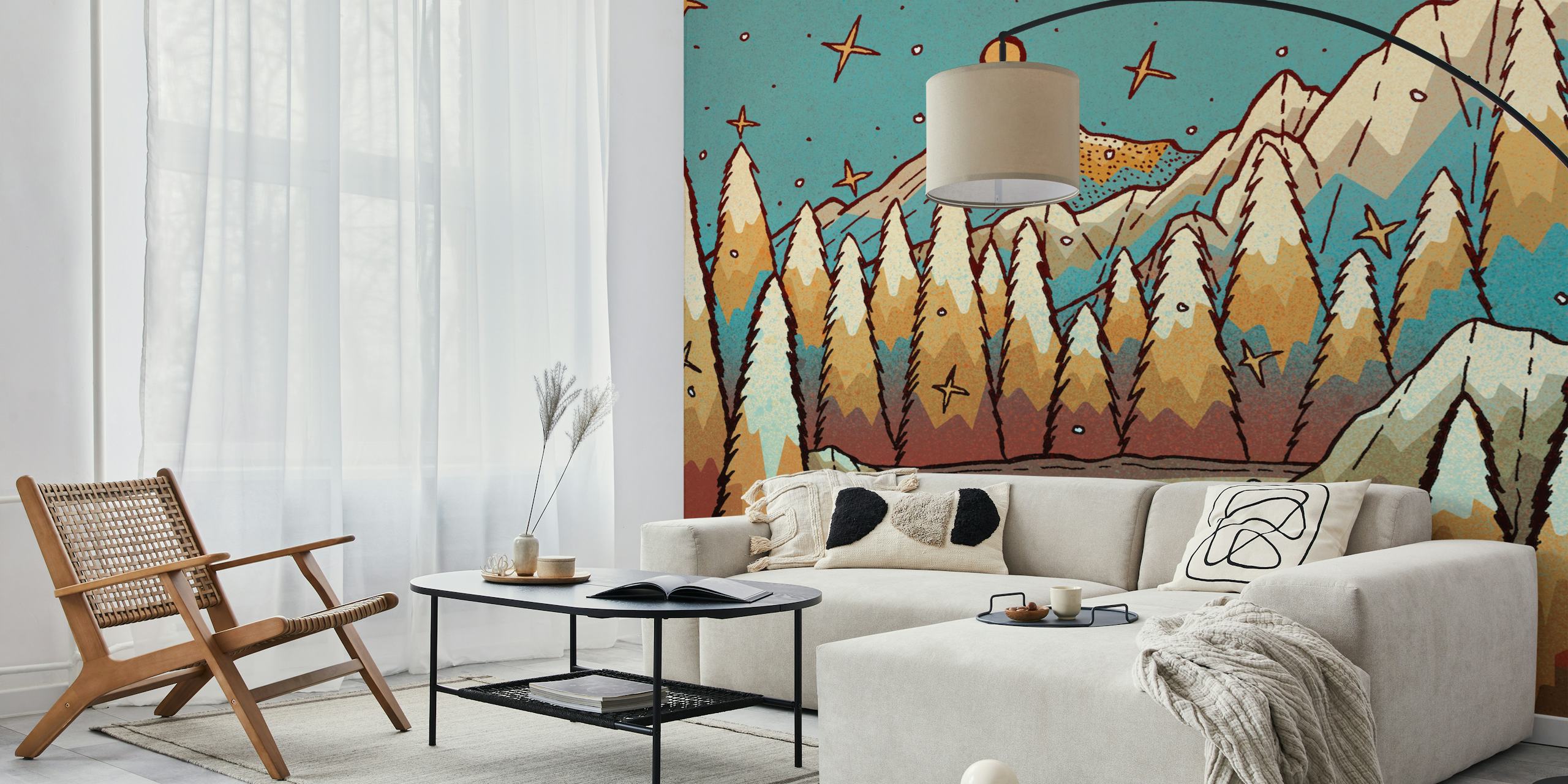 Stylized winter landscape wallpaper with gold trees and blue mountains