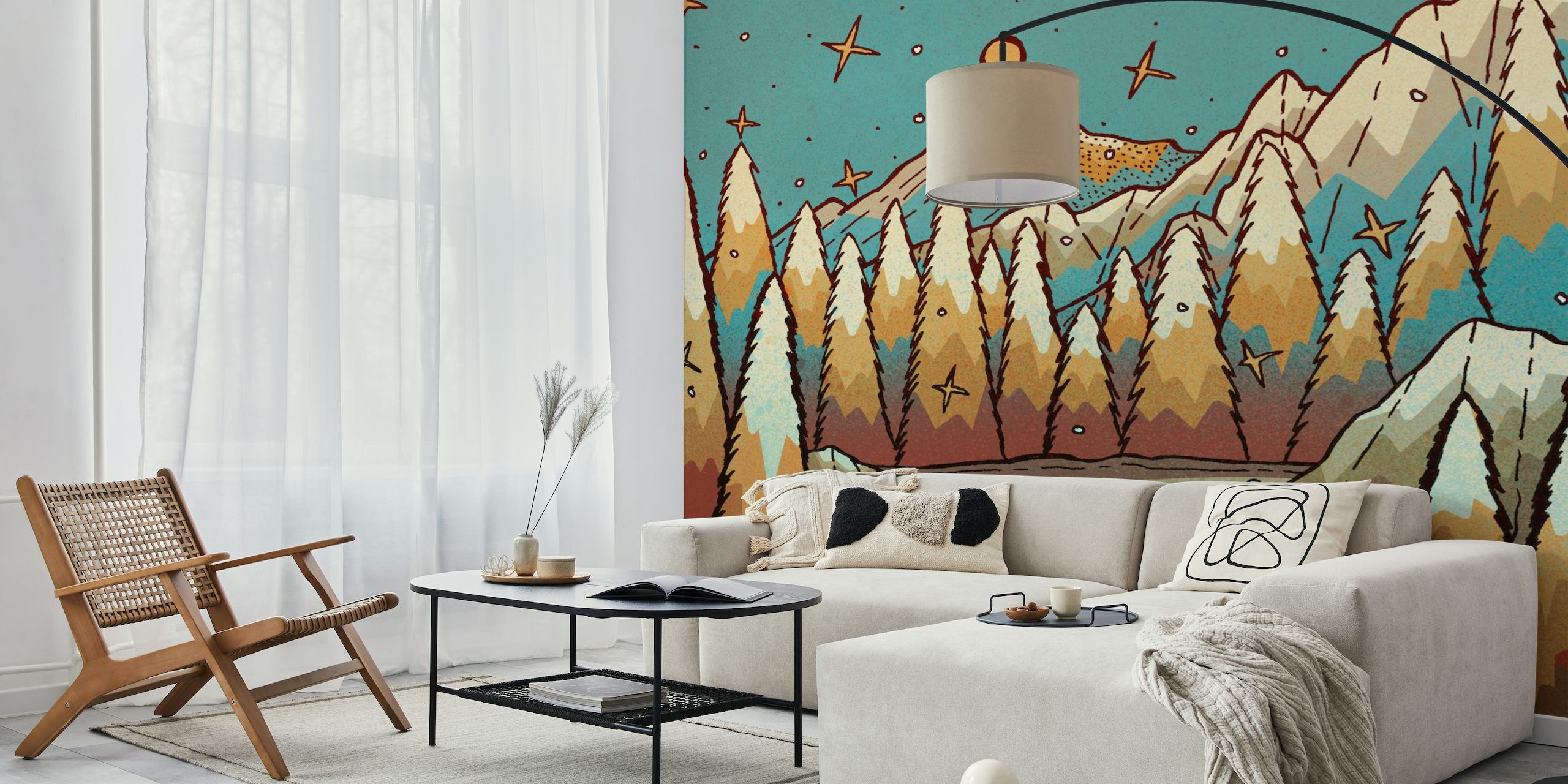 Vinter af guld og blå vægmaleri, der viser et fredfyldt bjerglandskab med ravtræer og en stjernehimmel