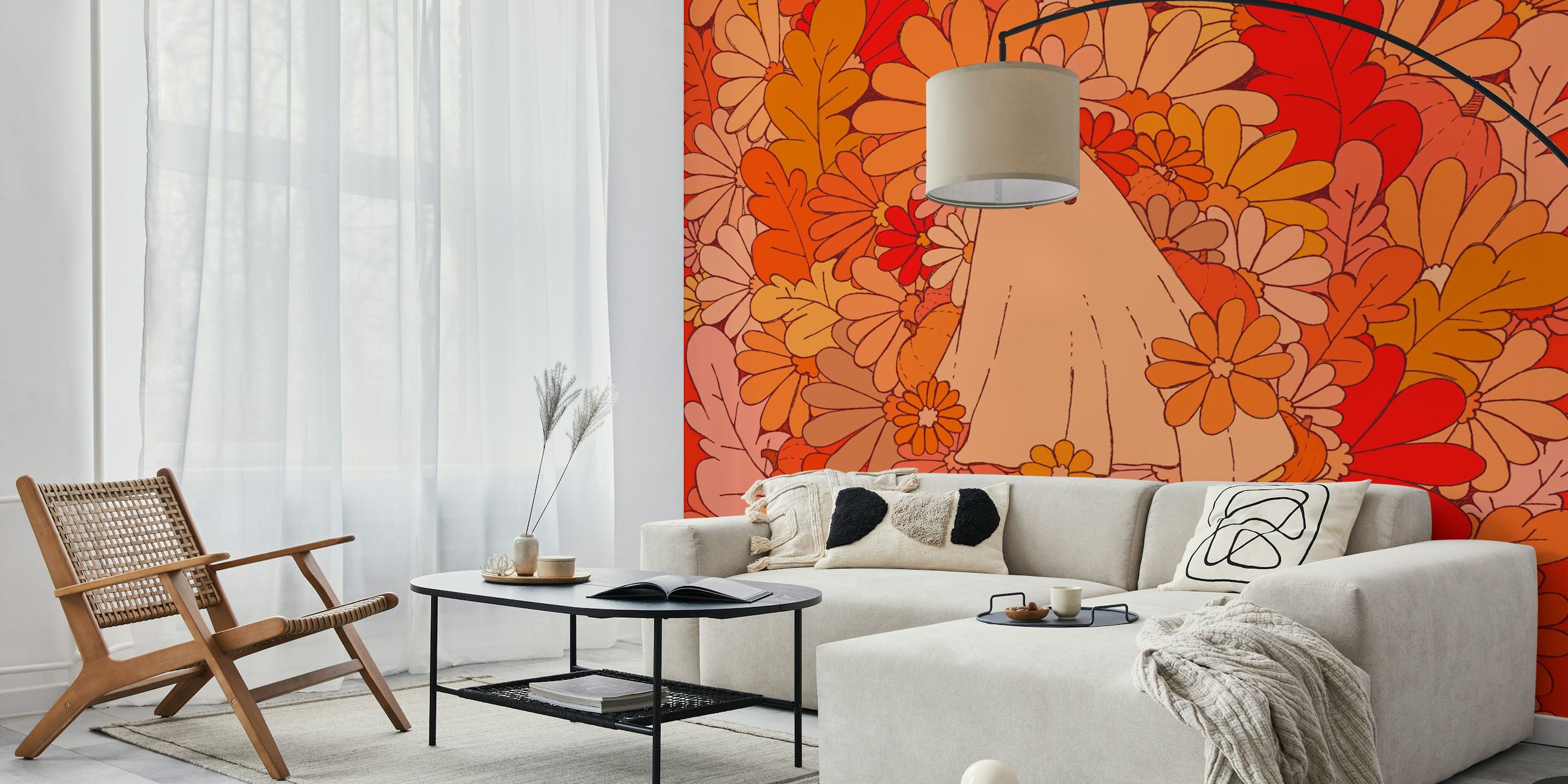 Ghost among colorful flowers in orange, pink, and red tones wallpaper