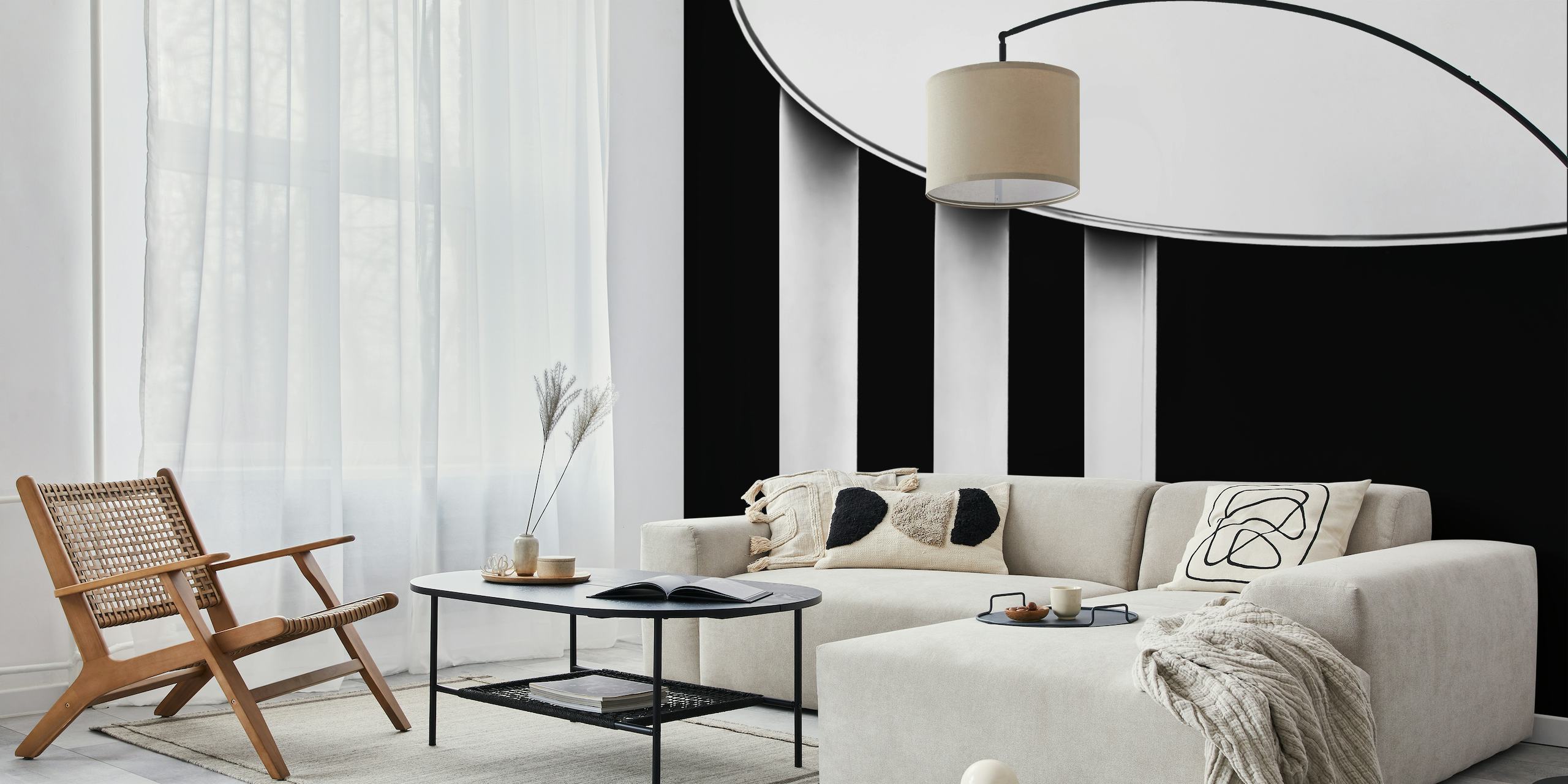 Monochrome abstract wall mural with curved top and vertical lines