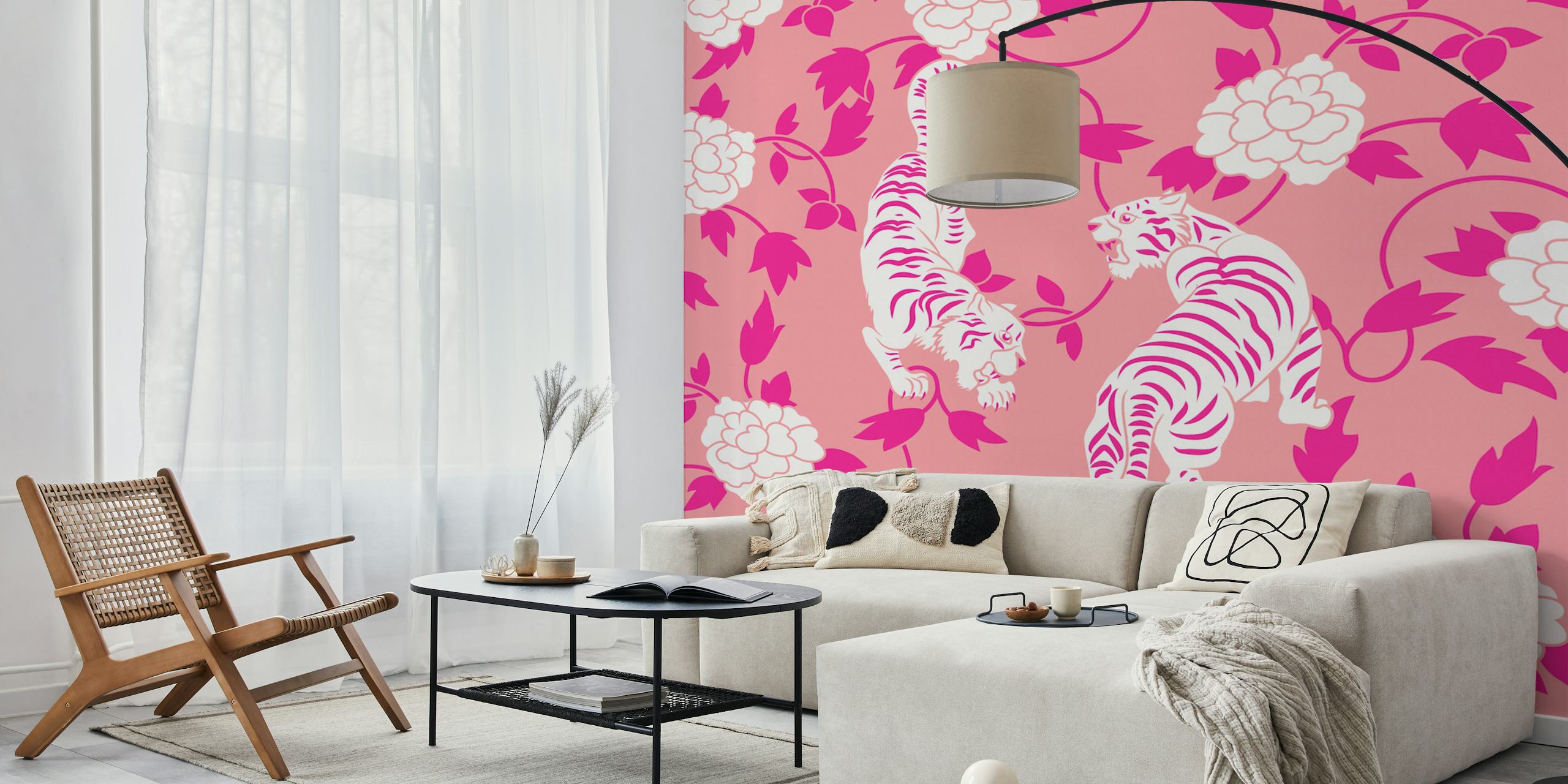 Vintage Chinese pink tigers mural in a room