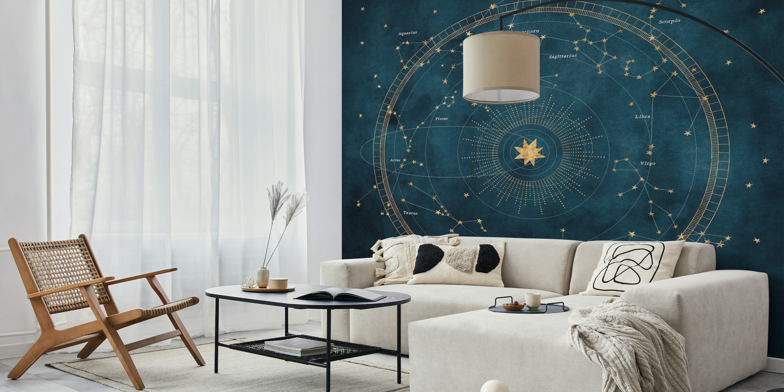 Astrologisches Wandbild im Vintage-Stil mit Himmelsdiagrammen und goldenen Symbolen auf petrolblauem Hintergrund.
