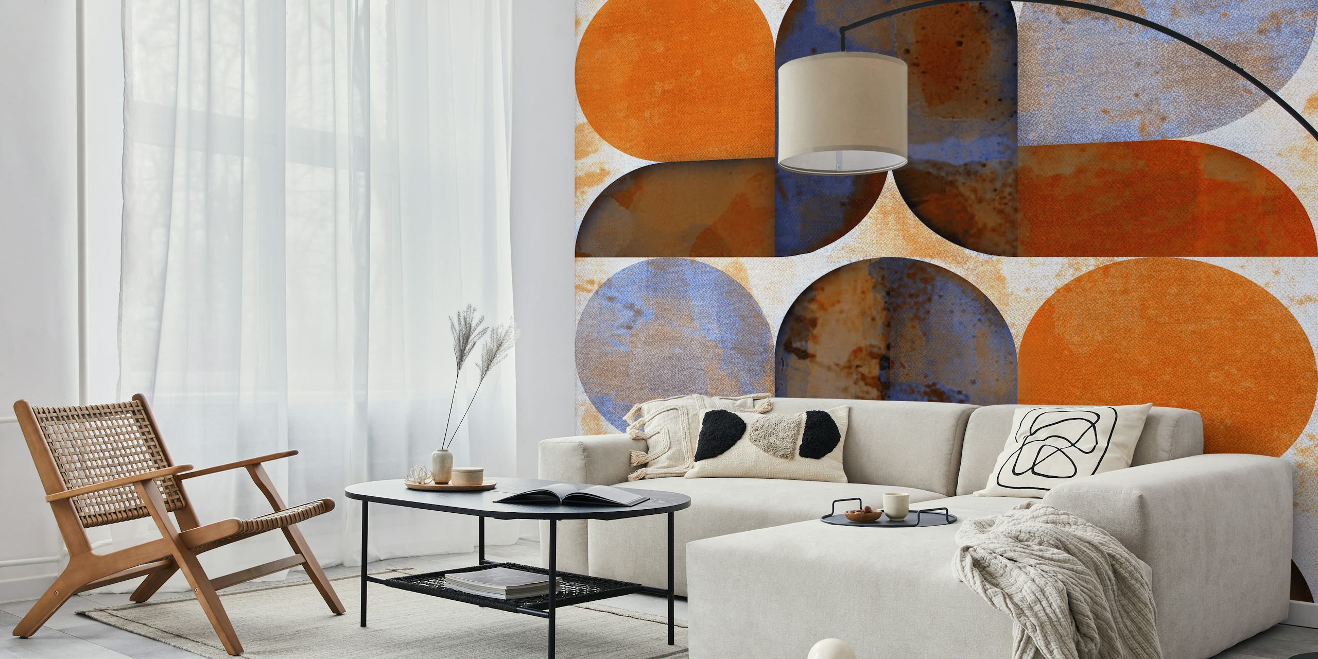 Vintage abstract design with overlapping semicircles in sunrise hues wall mural