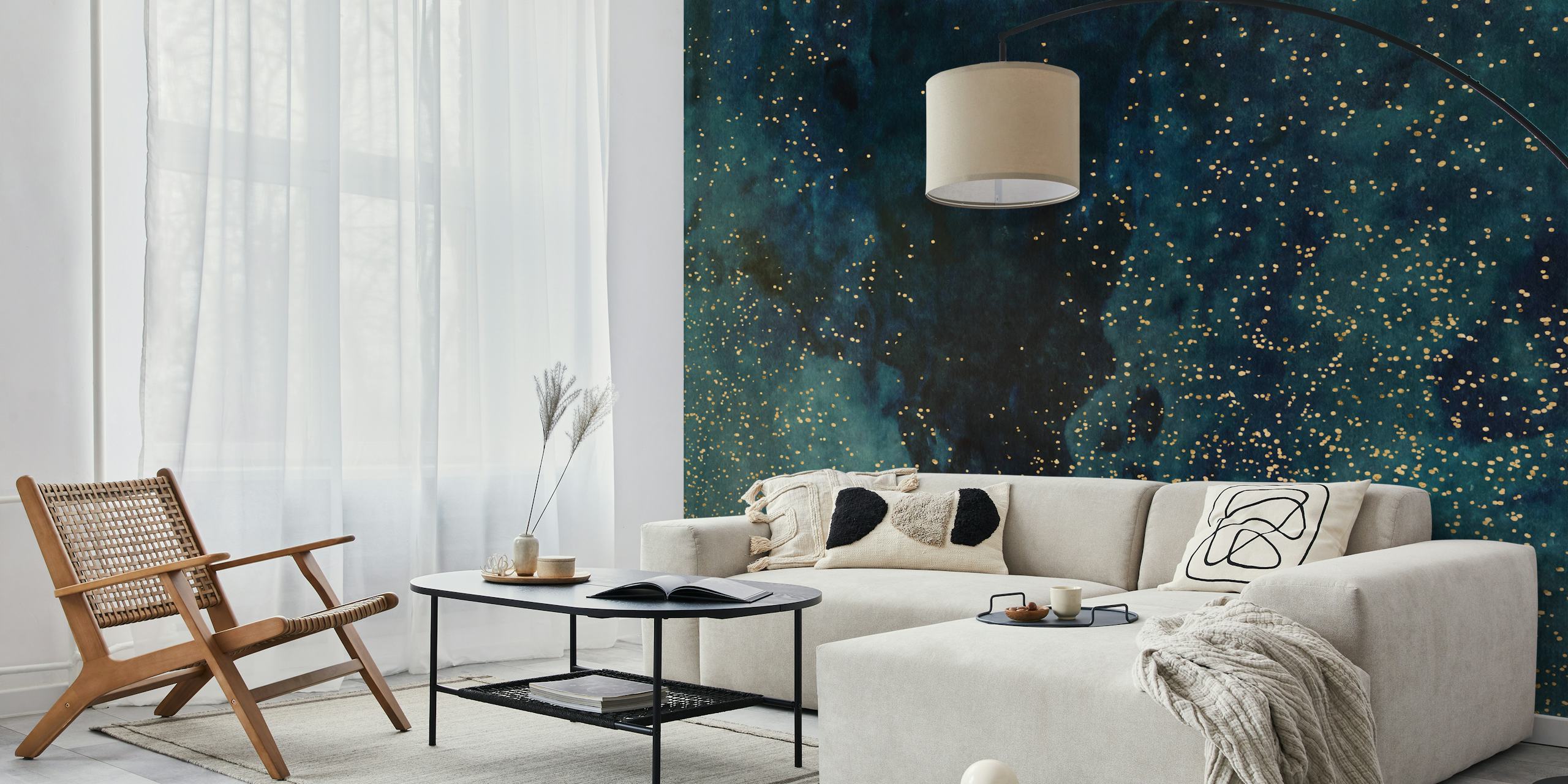 Dark galaxy wallpaper with gold stars and swirling blue colors