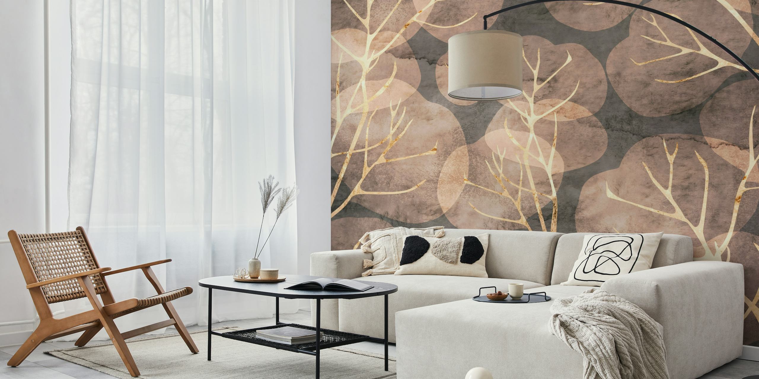 Sepia leaves wall mural with an earthy circular pattern background