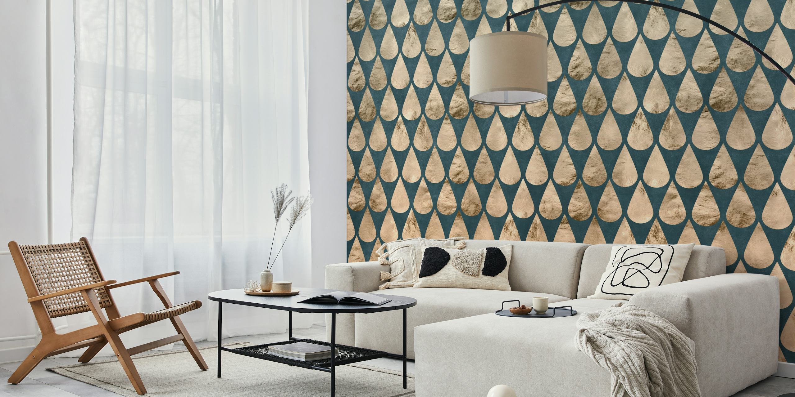 Ombre petrol wallpaper with gold drop pattern