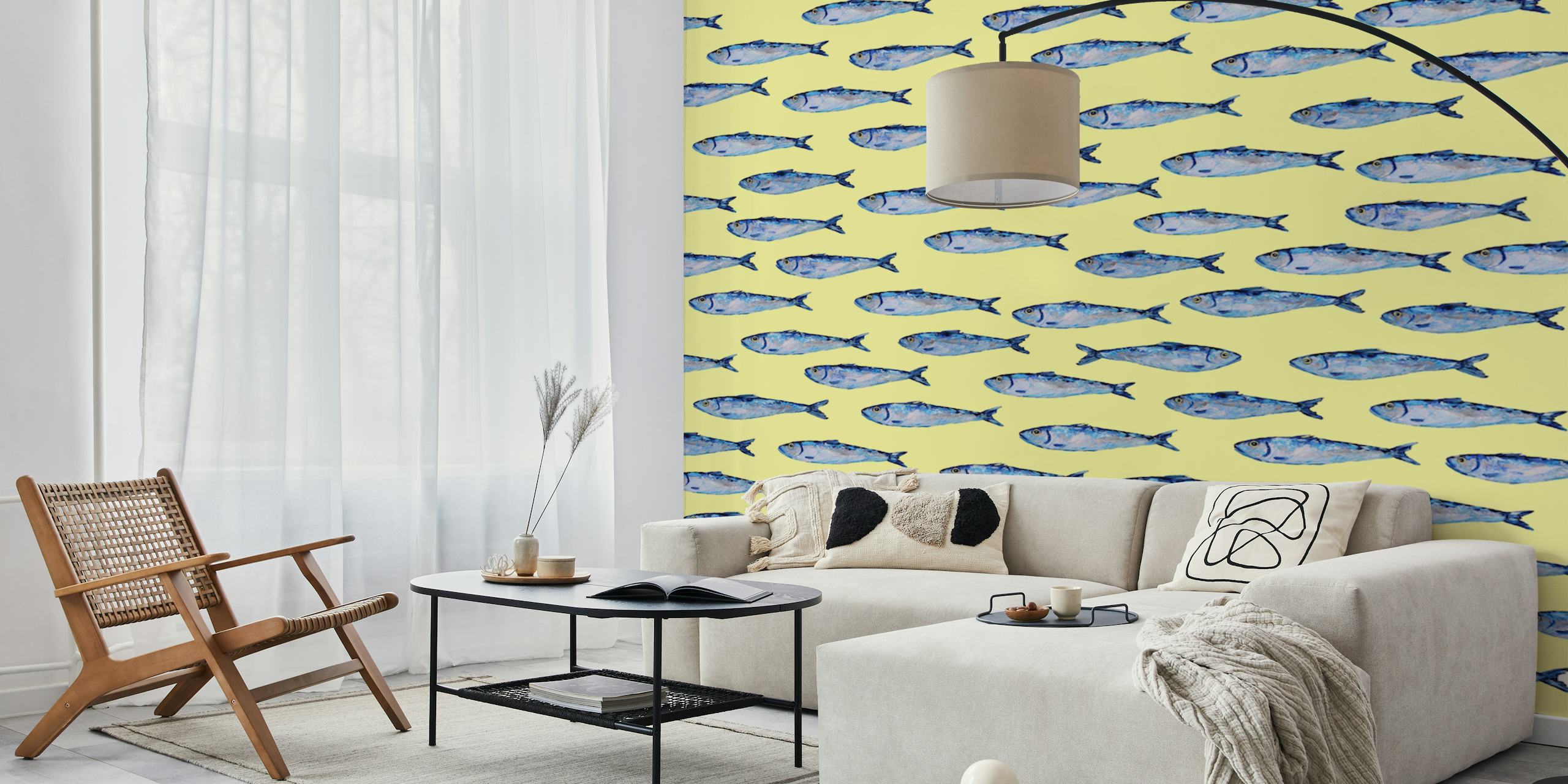 Kuvio tapetti Shimmering Sardines on Cream huoneessa