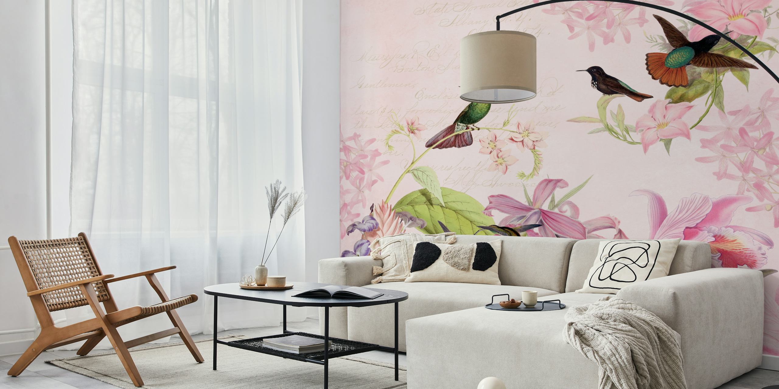 Hummingbirds and flowers in soft pink tones wallpaper