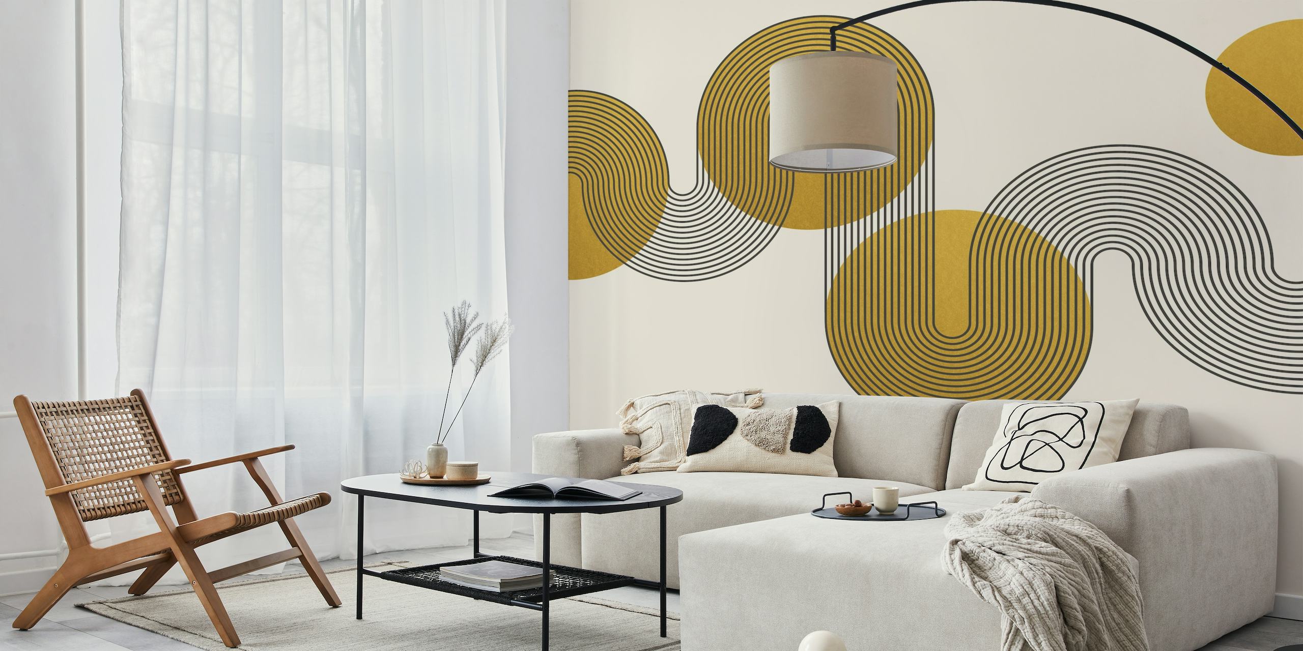 Kurvede Bauhaus-inspirerede gyldne cirkler på et neutralt baggrundsvægmaleri