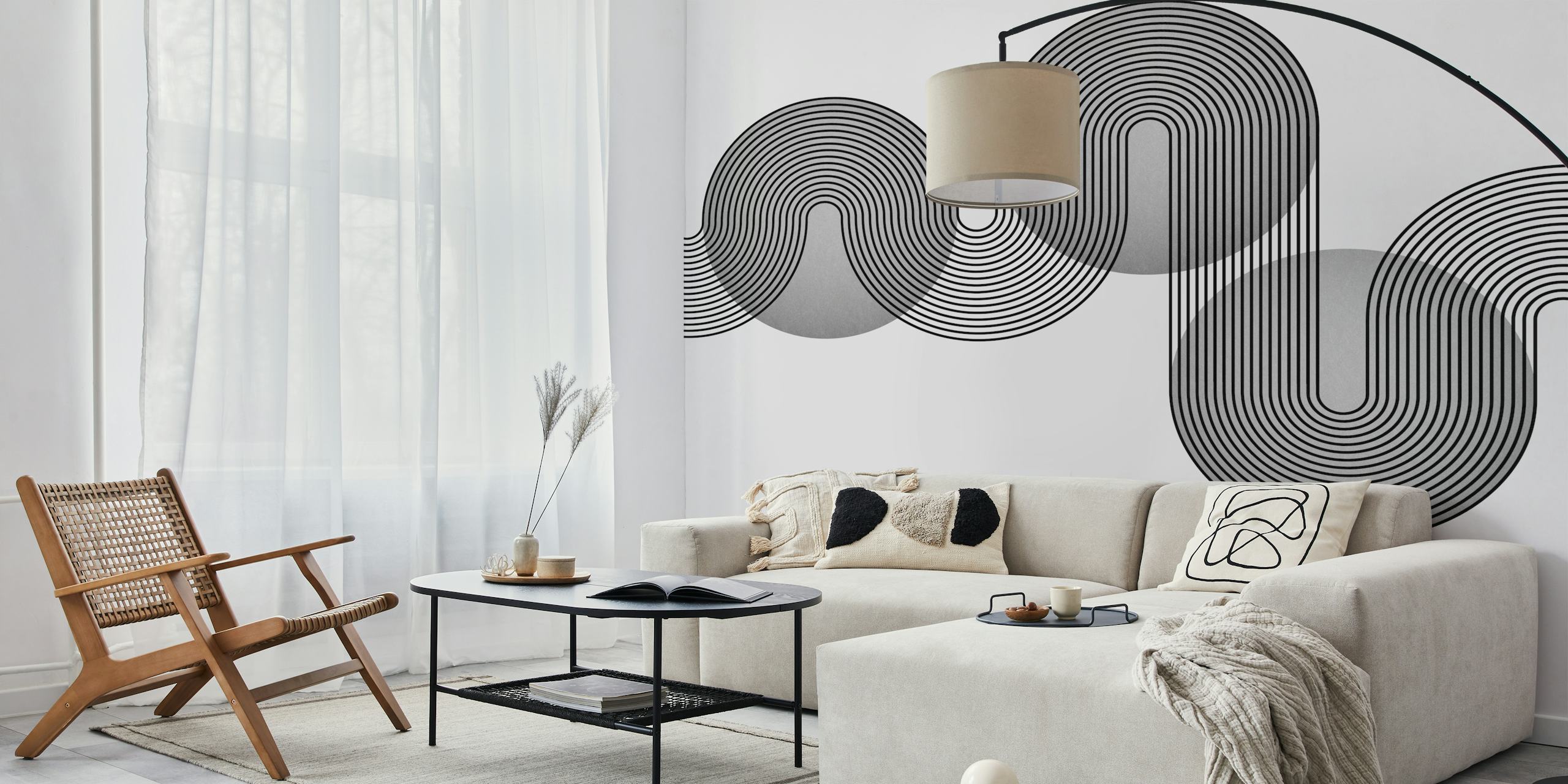 Schwarz-weiße geometrische Tapete mit geschwungenen Linien und Kreisen