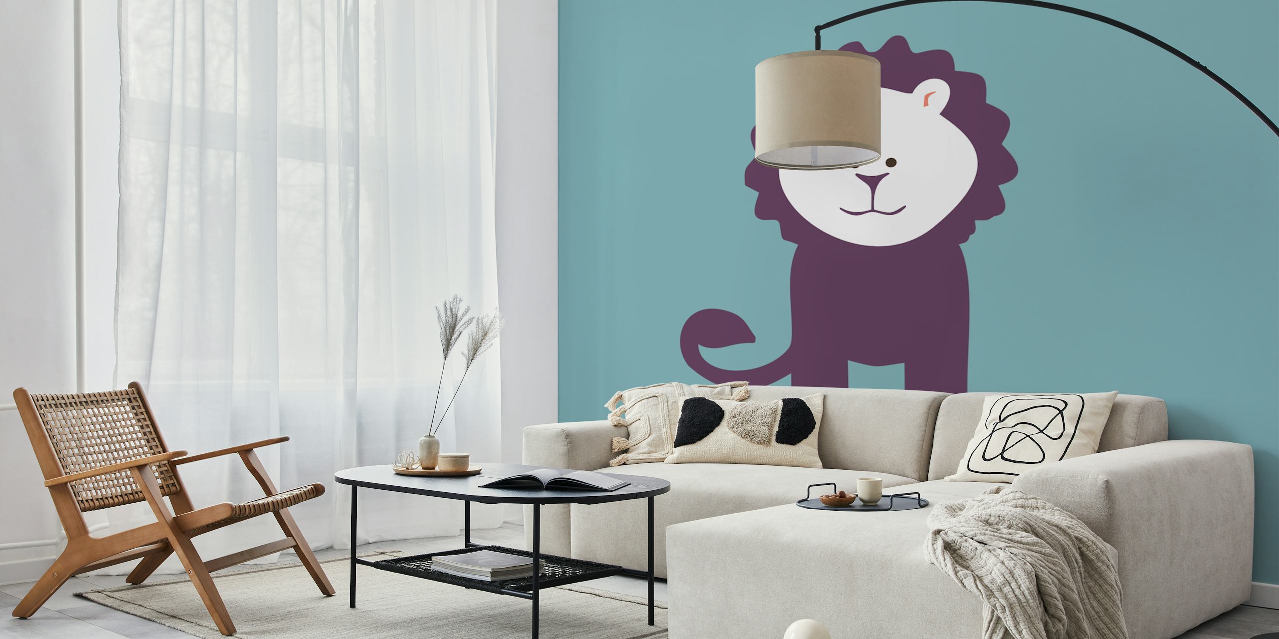 Teal blue lion art wallpaper in a room