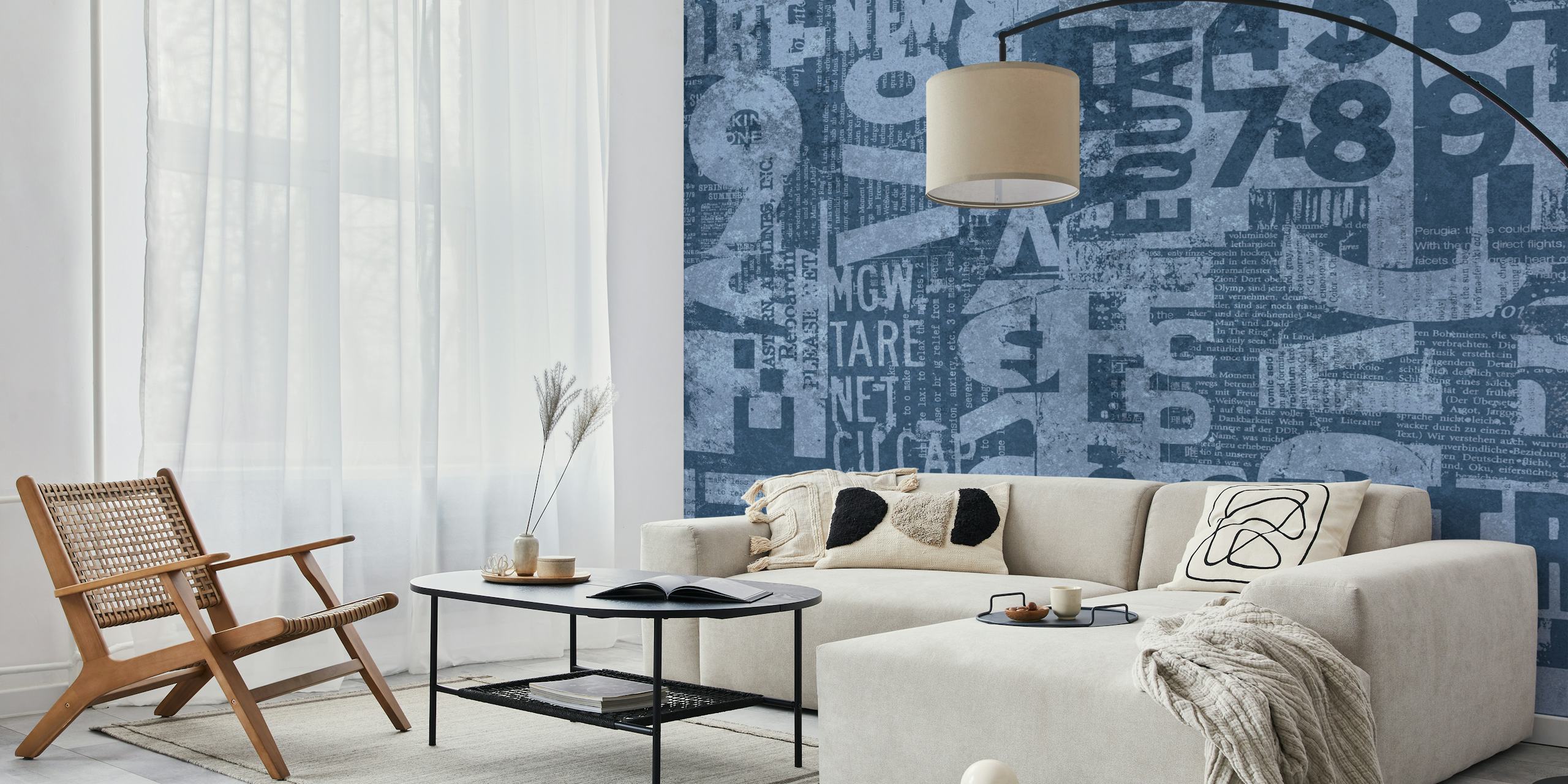 Blue grunge typography wallpaper in a room