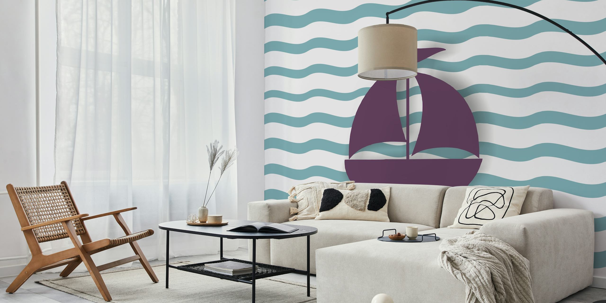 Een violette zeilboot op pastelblauwgroene golven muurschildering