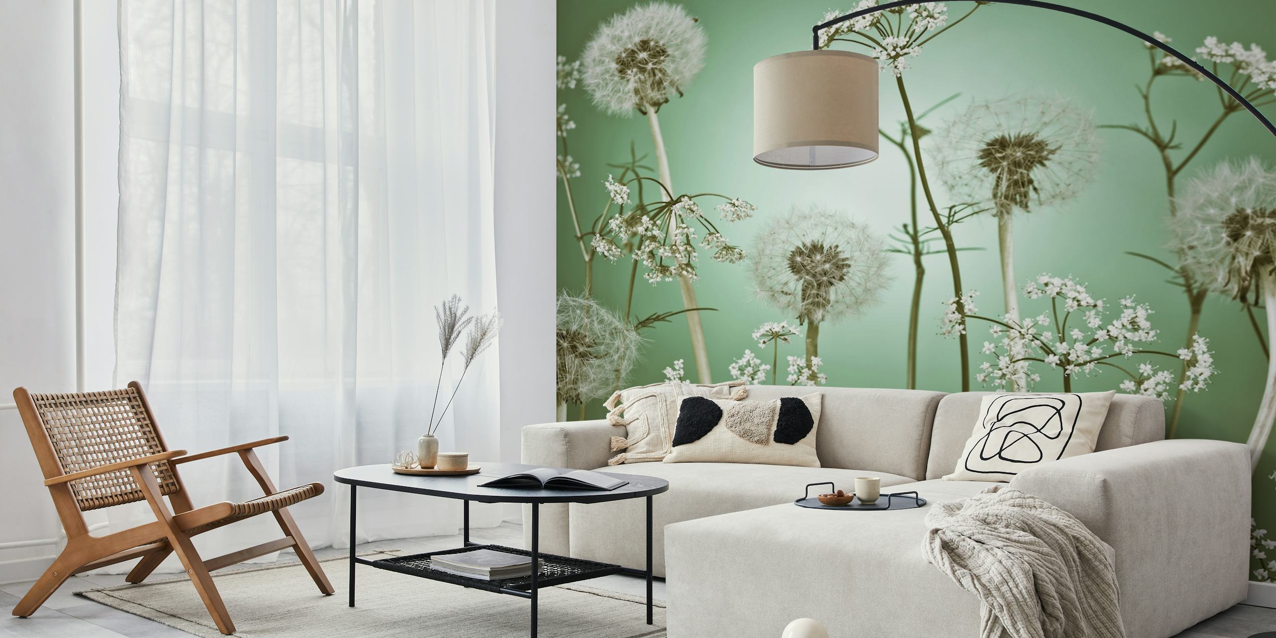 Dandelion floral patterns in white on green wallpaper