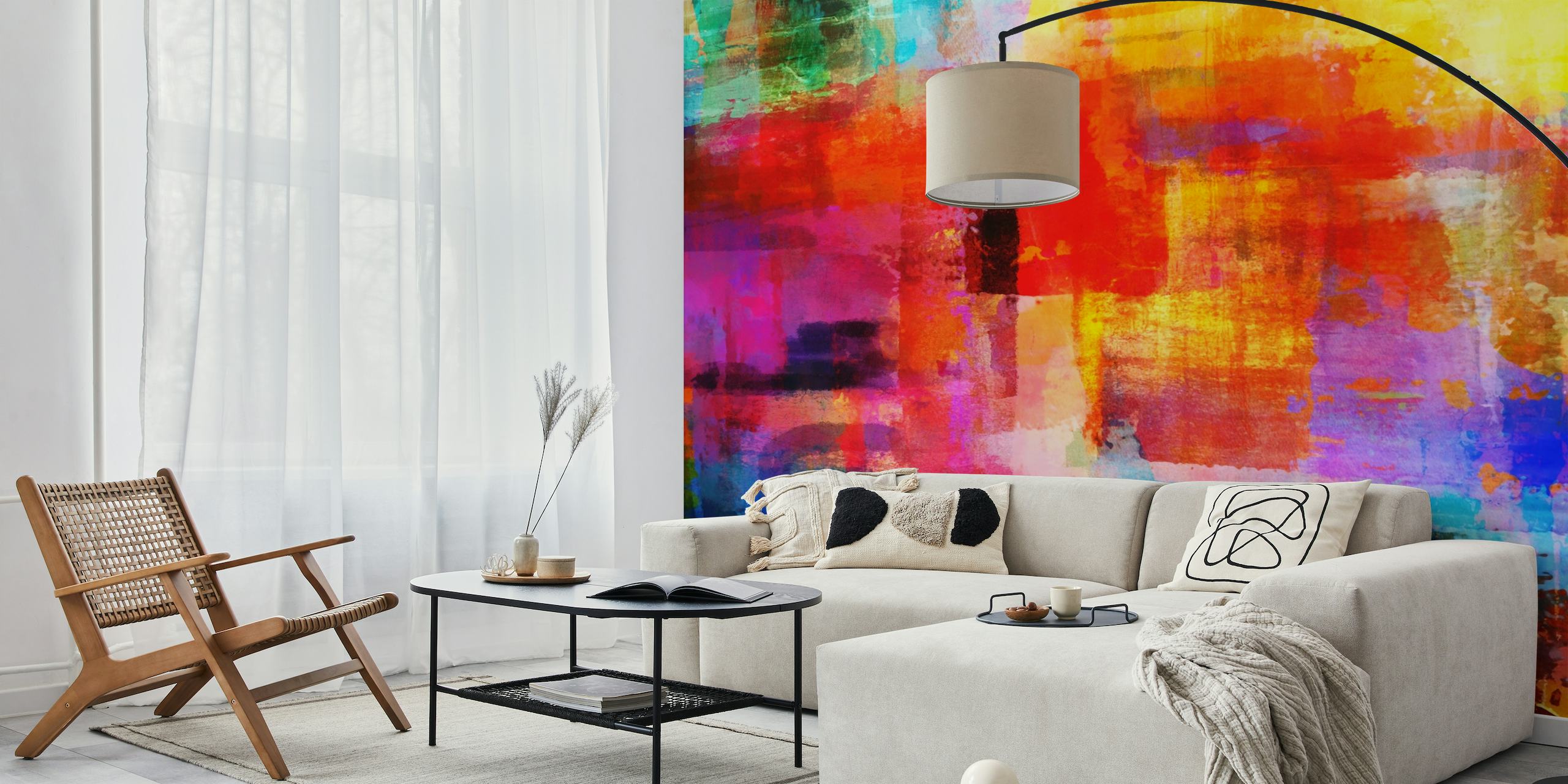 Abstract rustic geometric wall mural with a colorful patchwork design