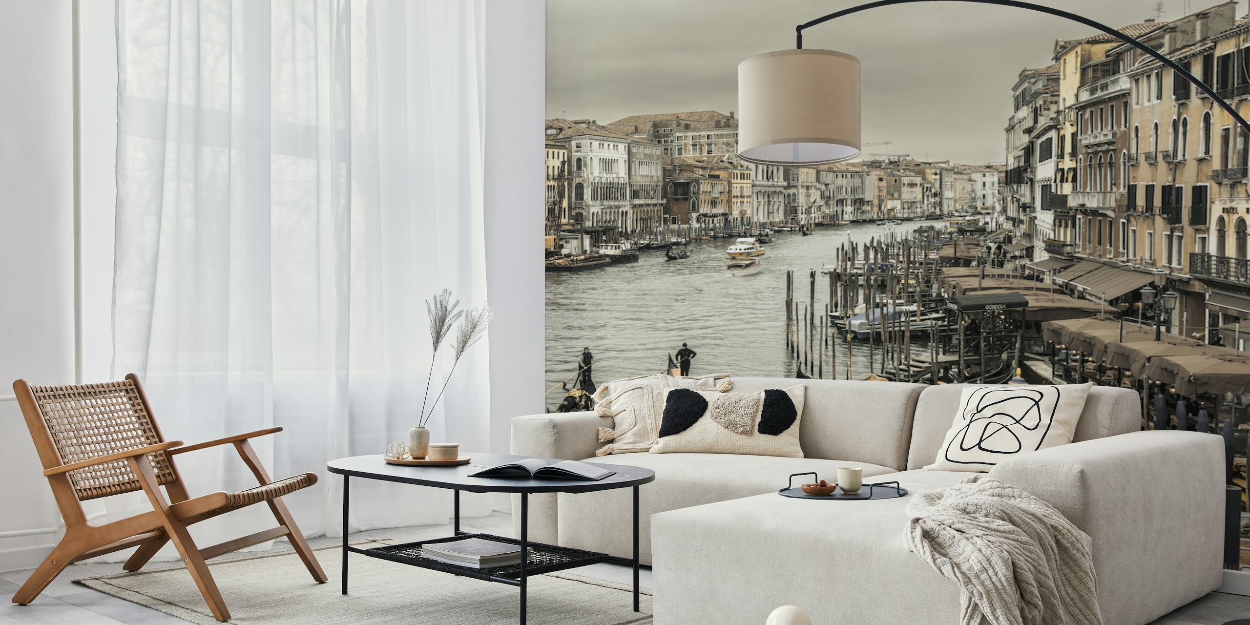 Venice Grand Canal view with boats and historic buildings in black and white wallpaper