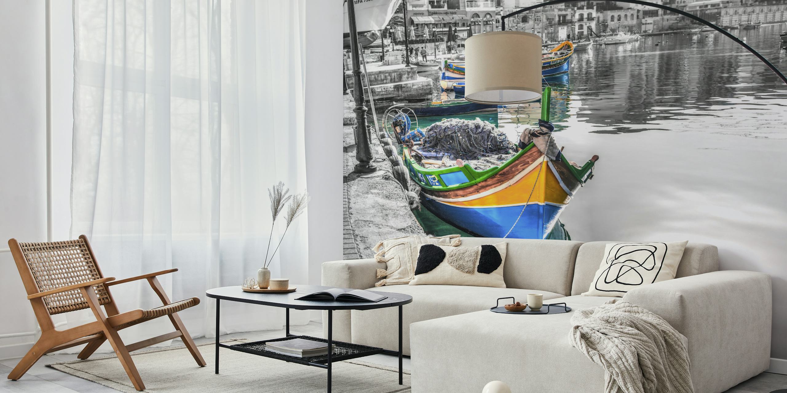 Colorful boats on water with buildings in background wallpaper