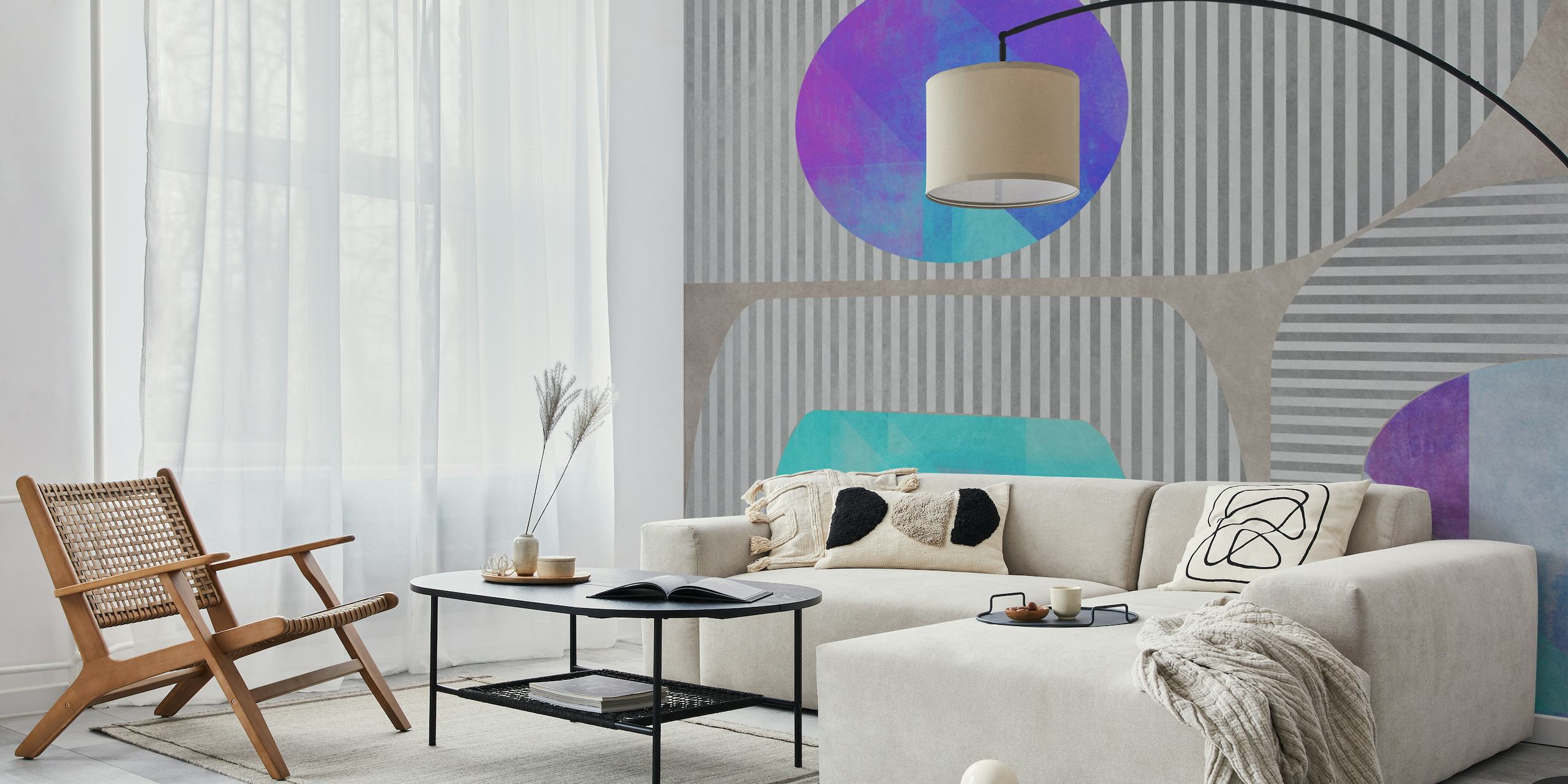 Abstract over Geometric 1 wall mural featuring watercolor circles and geometric shapes in cool tones