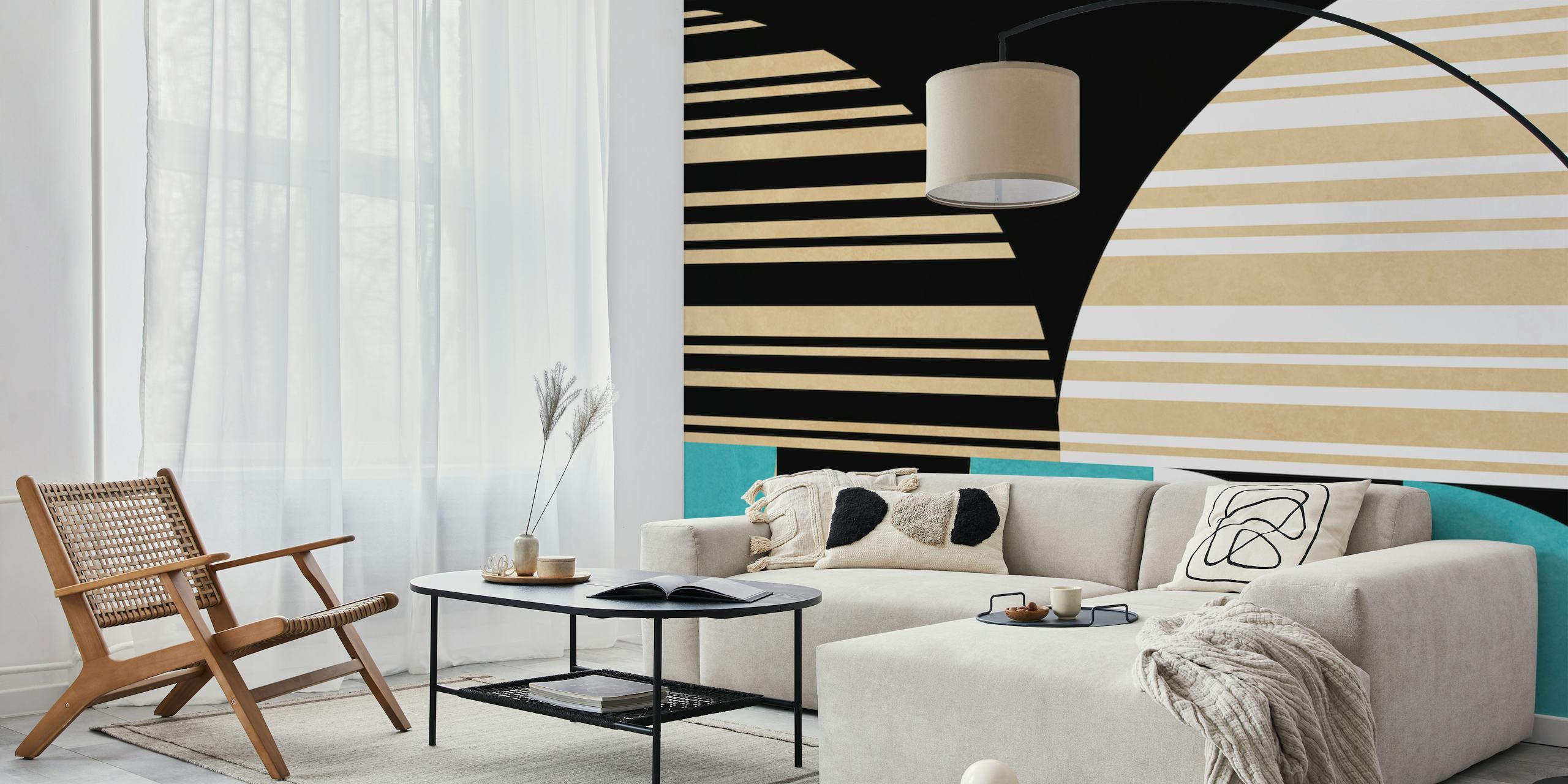 Geometric abstract wallpaper with black and gold stripes and teal shapes
