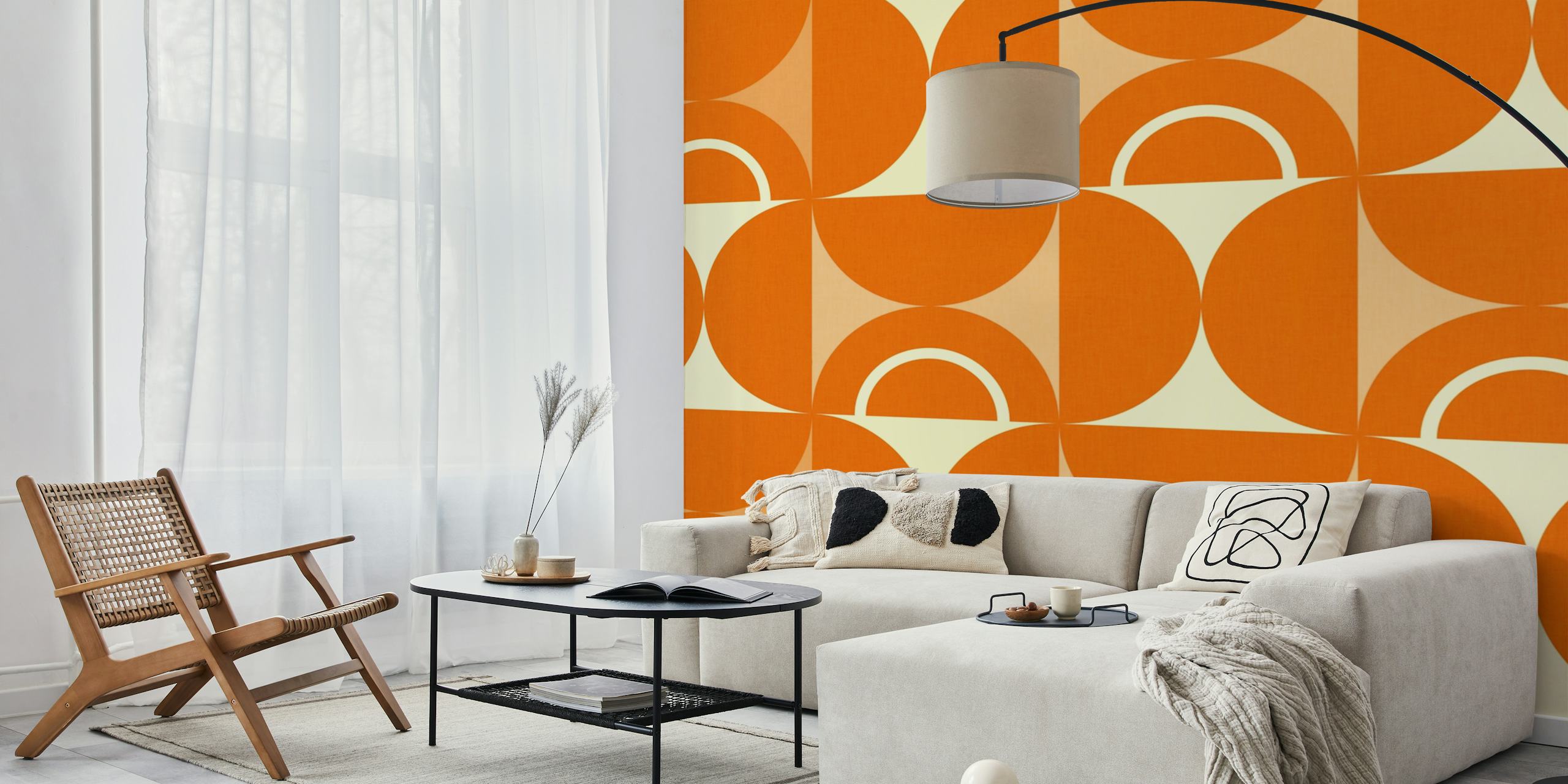 Patrón geométrico moderno de mediados de siglo en naranja y blanco para fotomural