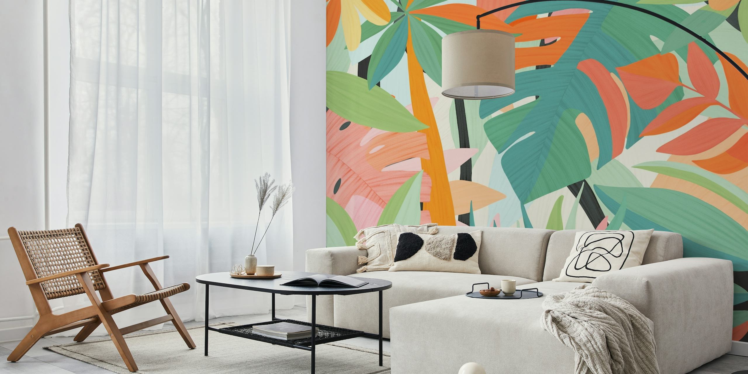 Vibrant tropical forest wall mural with rich green foliage and warm orange-pink accents