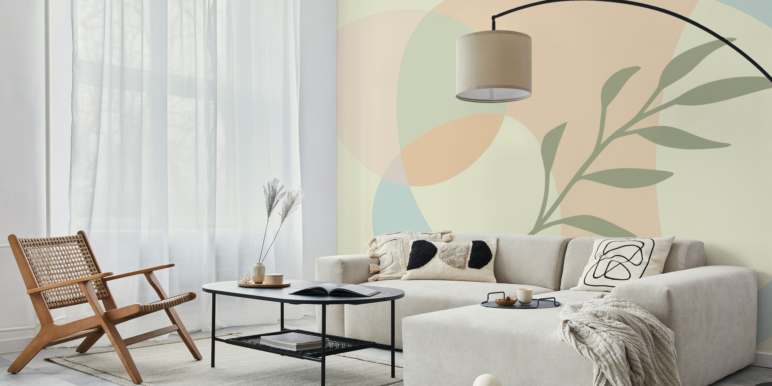 Minimalist bohemian style wall mural with pastel tones and leaf design