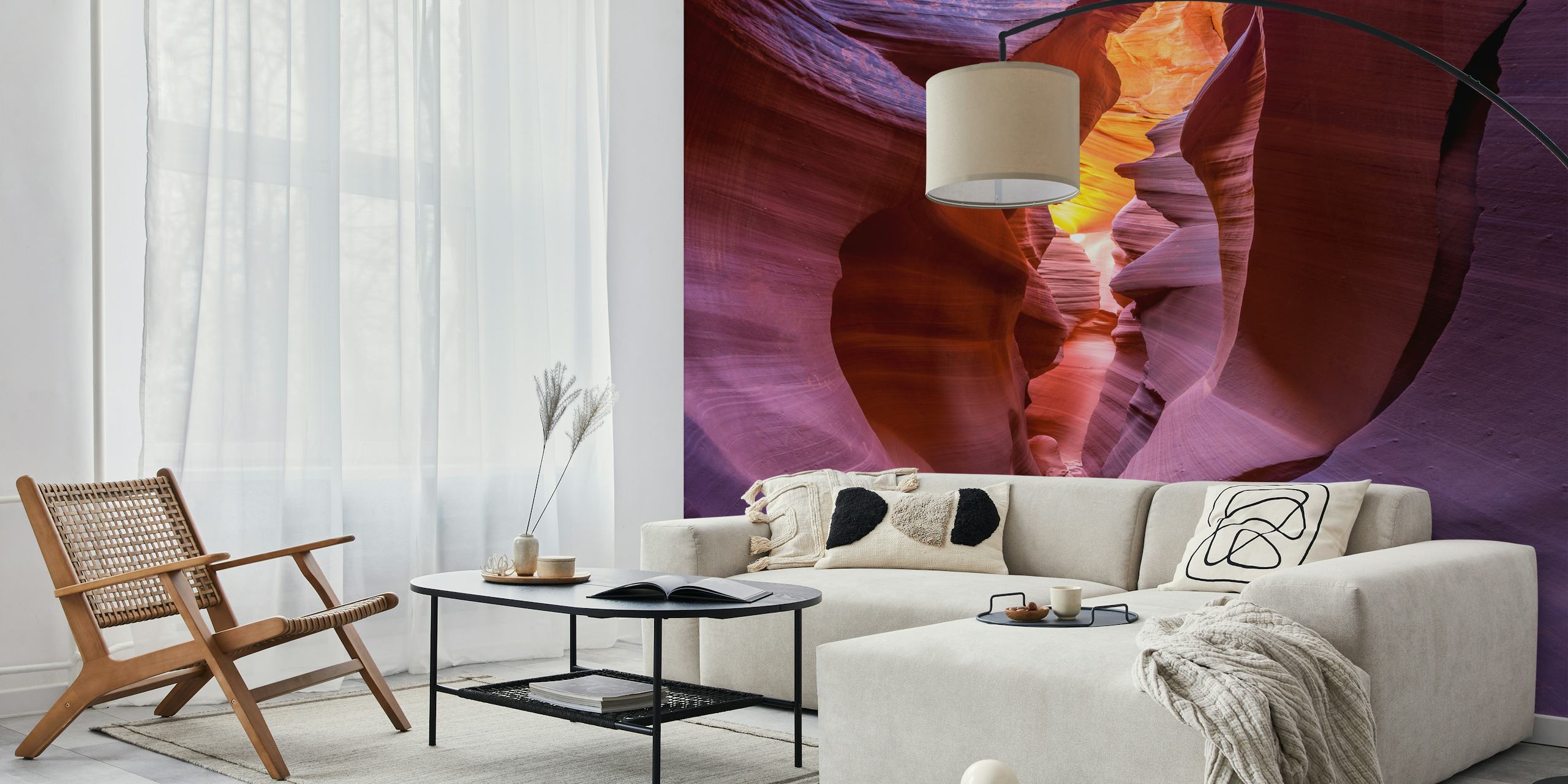 Canyon wall mural with sunlight creating a fire-like glow on rock formations