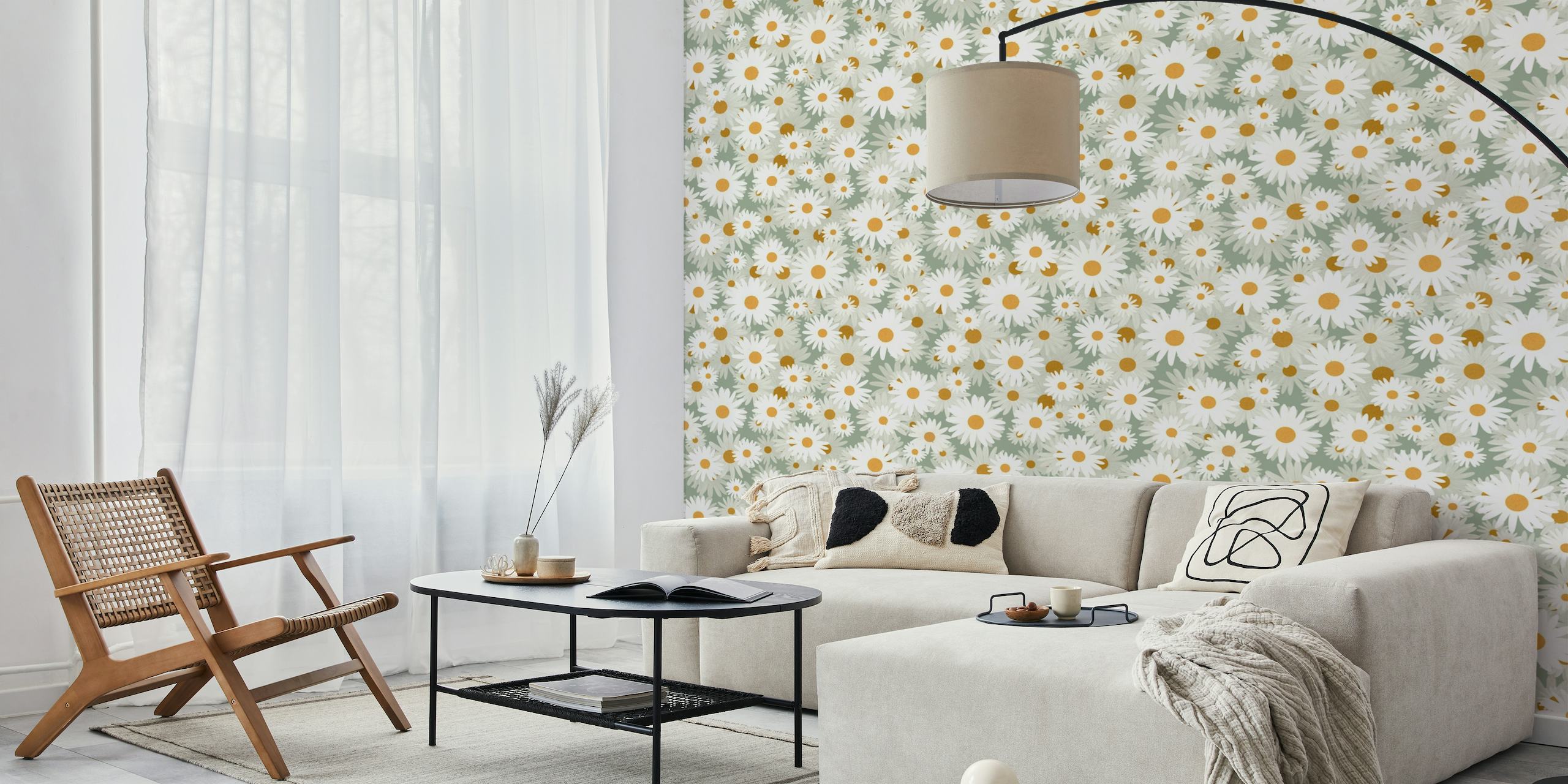 Endless field of white daisies with yellow centers wall mural