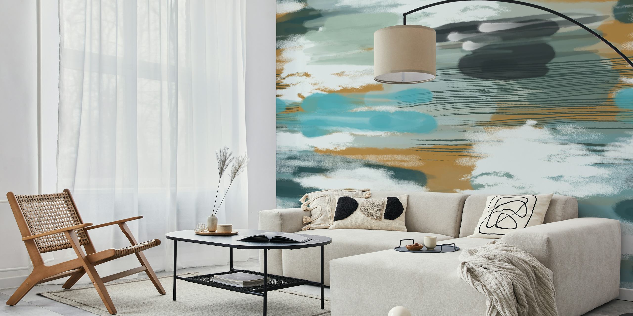 Tapeta Hypnotic Teal Mustard vystavená v místnosti