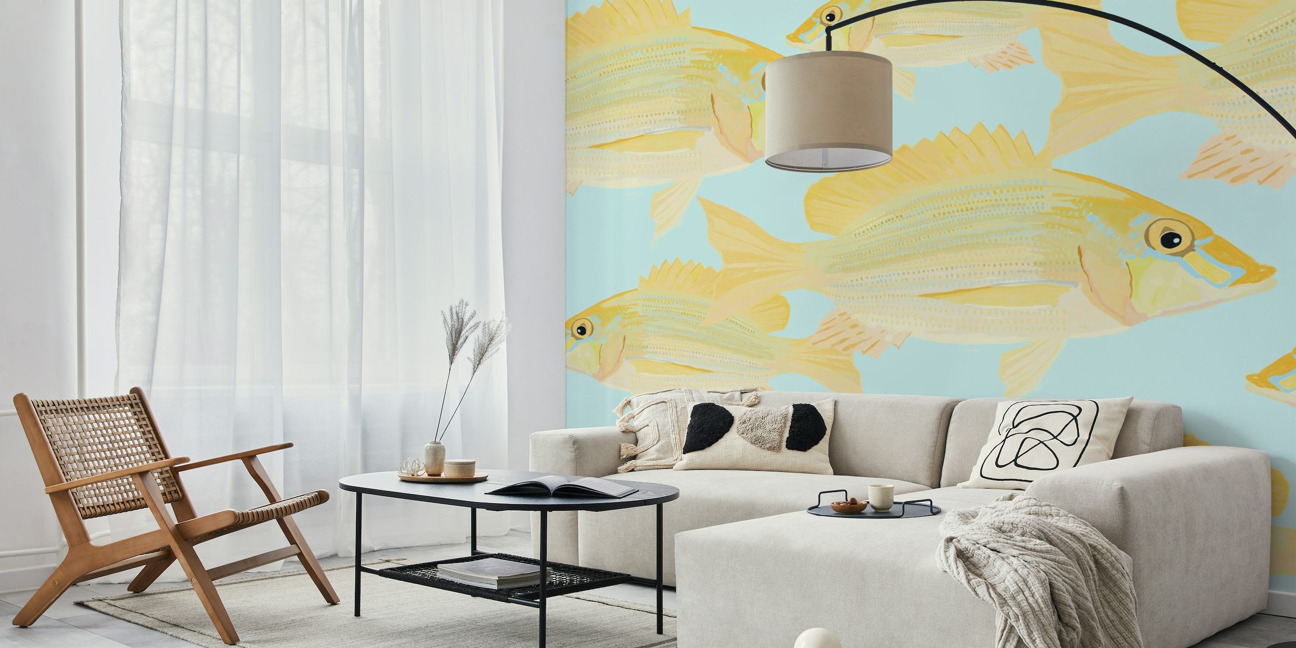 Sandbrasen fiskemønster vægmaleri med akvarel æstetik på en subtil baggrund
