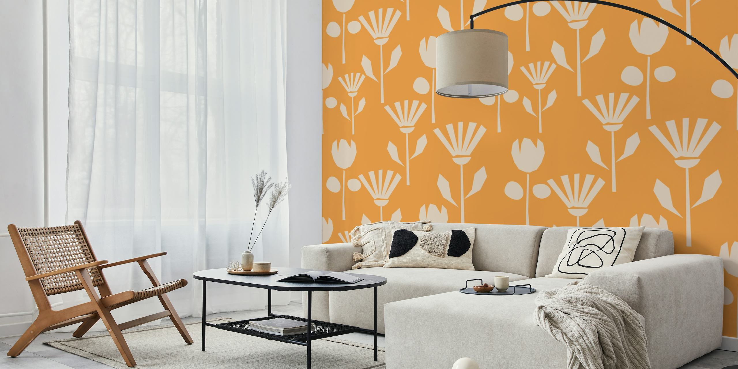 Woodcut Blooms on Orange wallpaper