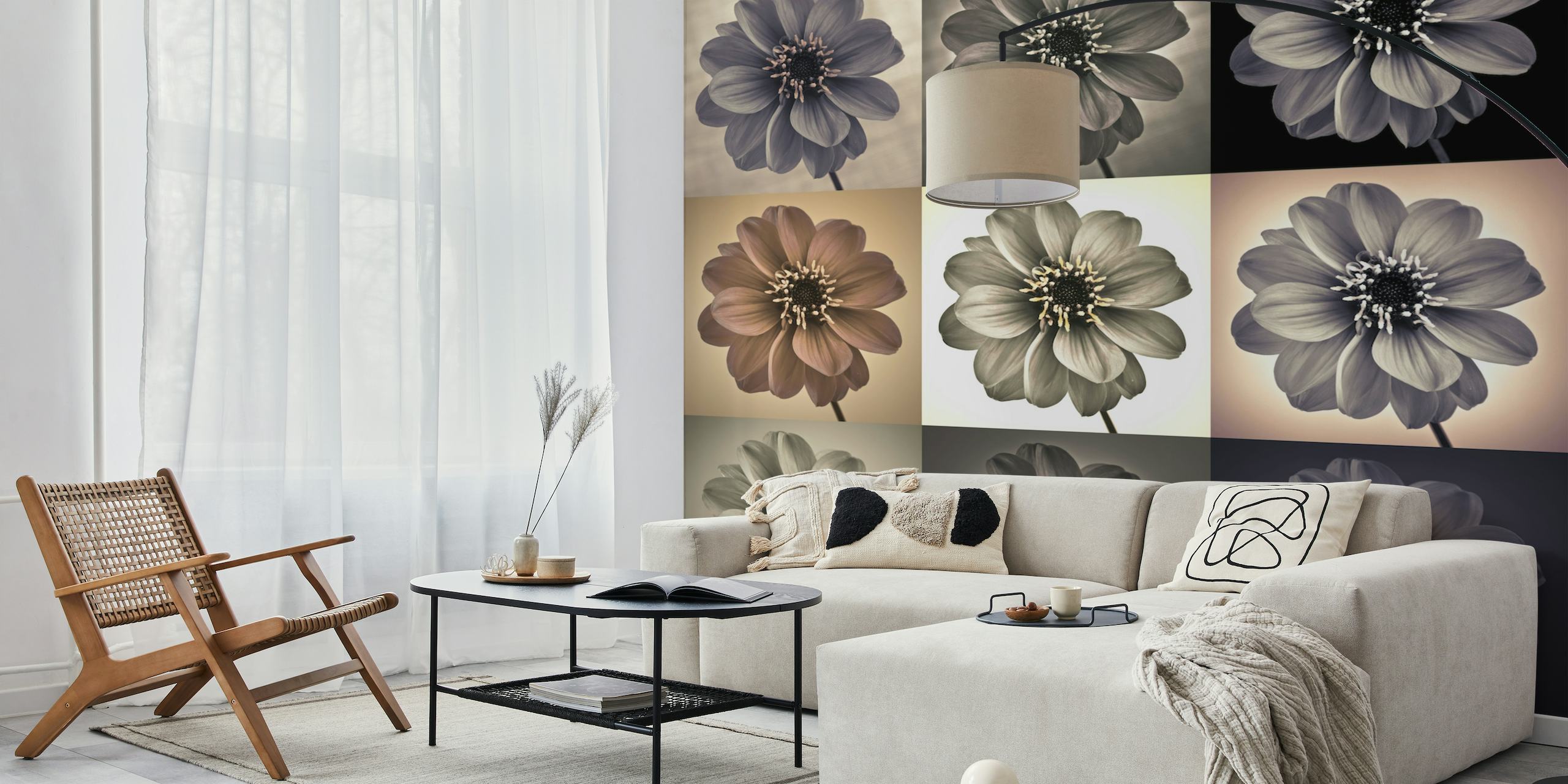Nine-panel dahlia flower wall mural in sepia and grayscale tones