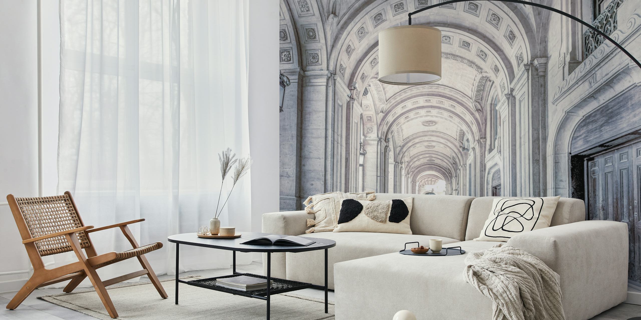 Soft gray architectural wallpaper featuring arched doorways and intricate details