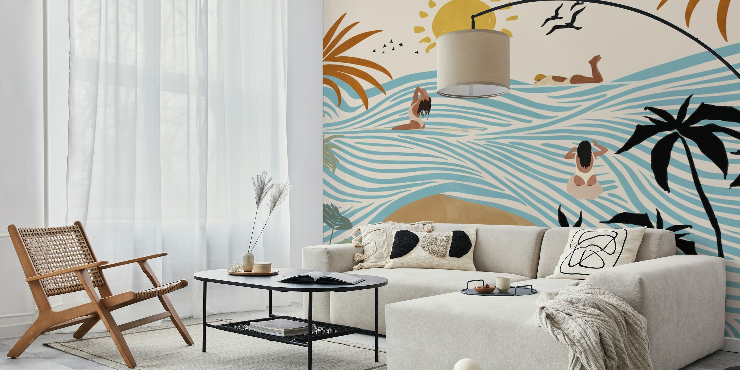 Tropische scene met surfers, golven, zon en palmbomen. Zachte kleuren en vrolijke stijl wallpaper.