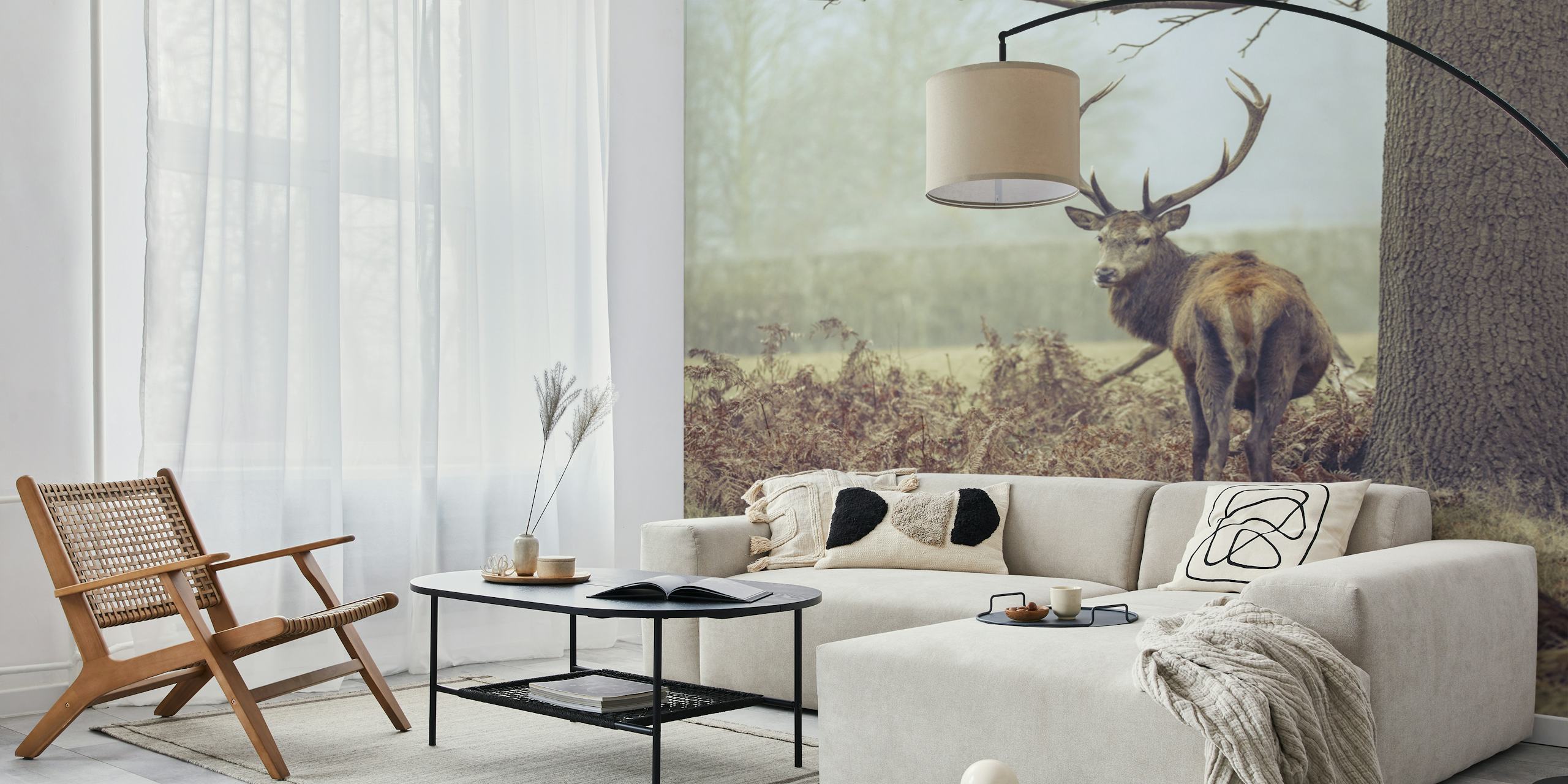 Stag in a misty forest with earthy tones wallpaper