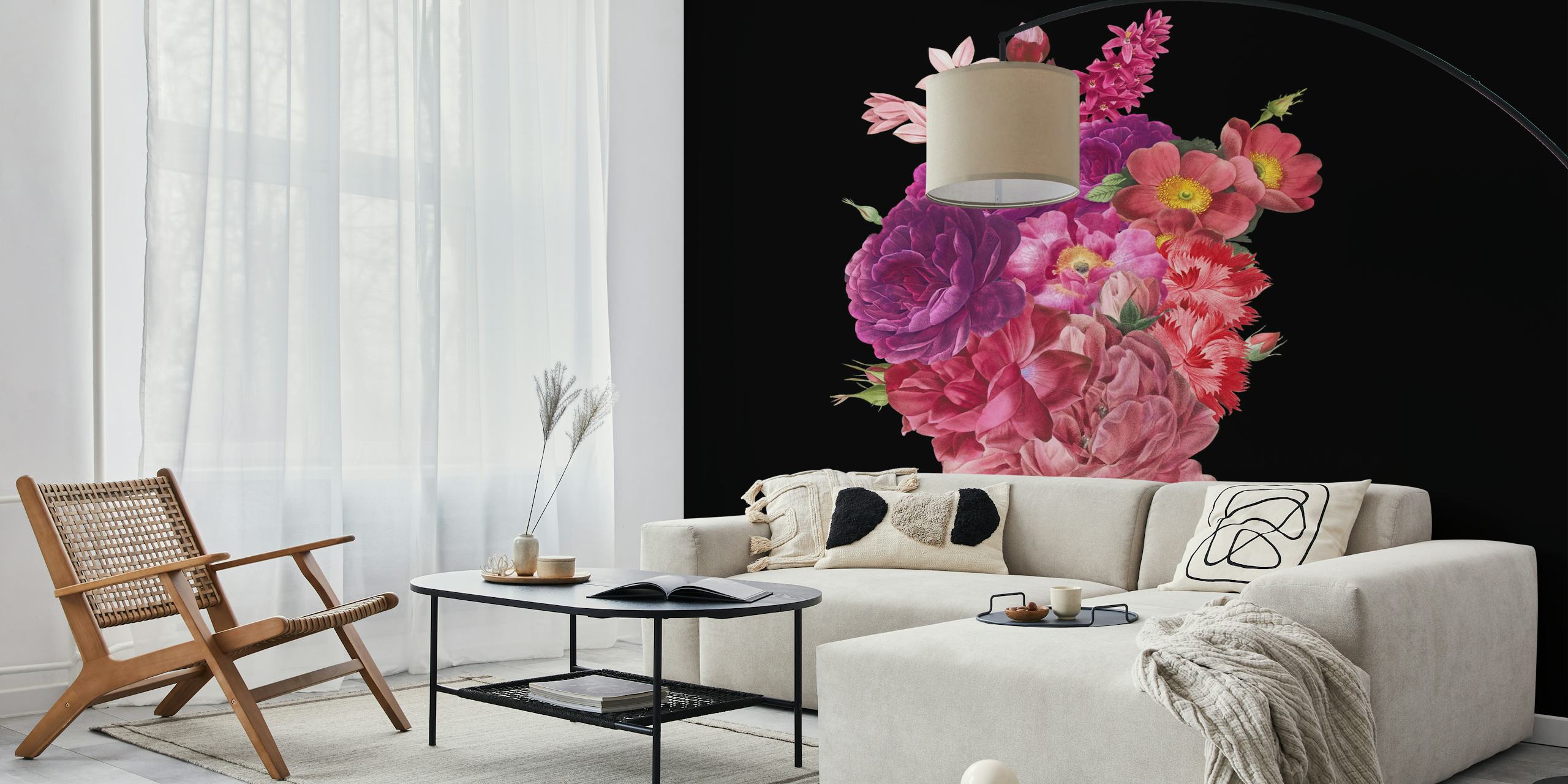 Heart-shaped floral arrangement with pink flowers on black wallpaper