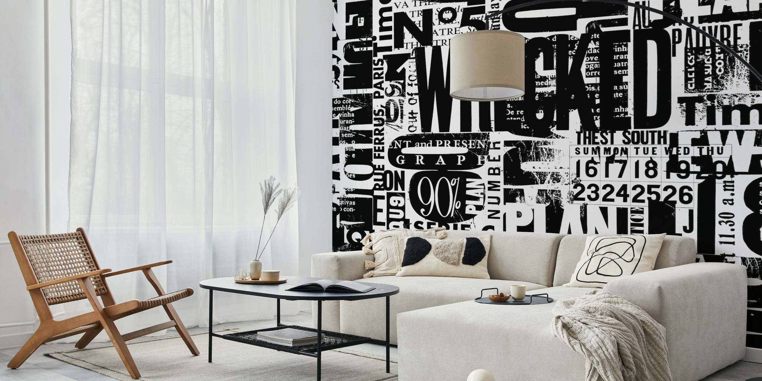 Schwarz-weißes Grunge-Wandbild im urbanen Stil mit einer Collage aus Buchstaben und Zahlen.
