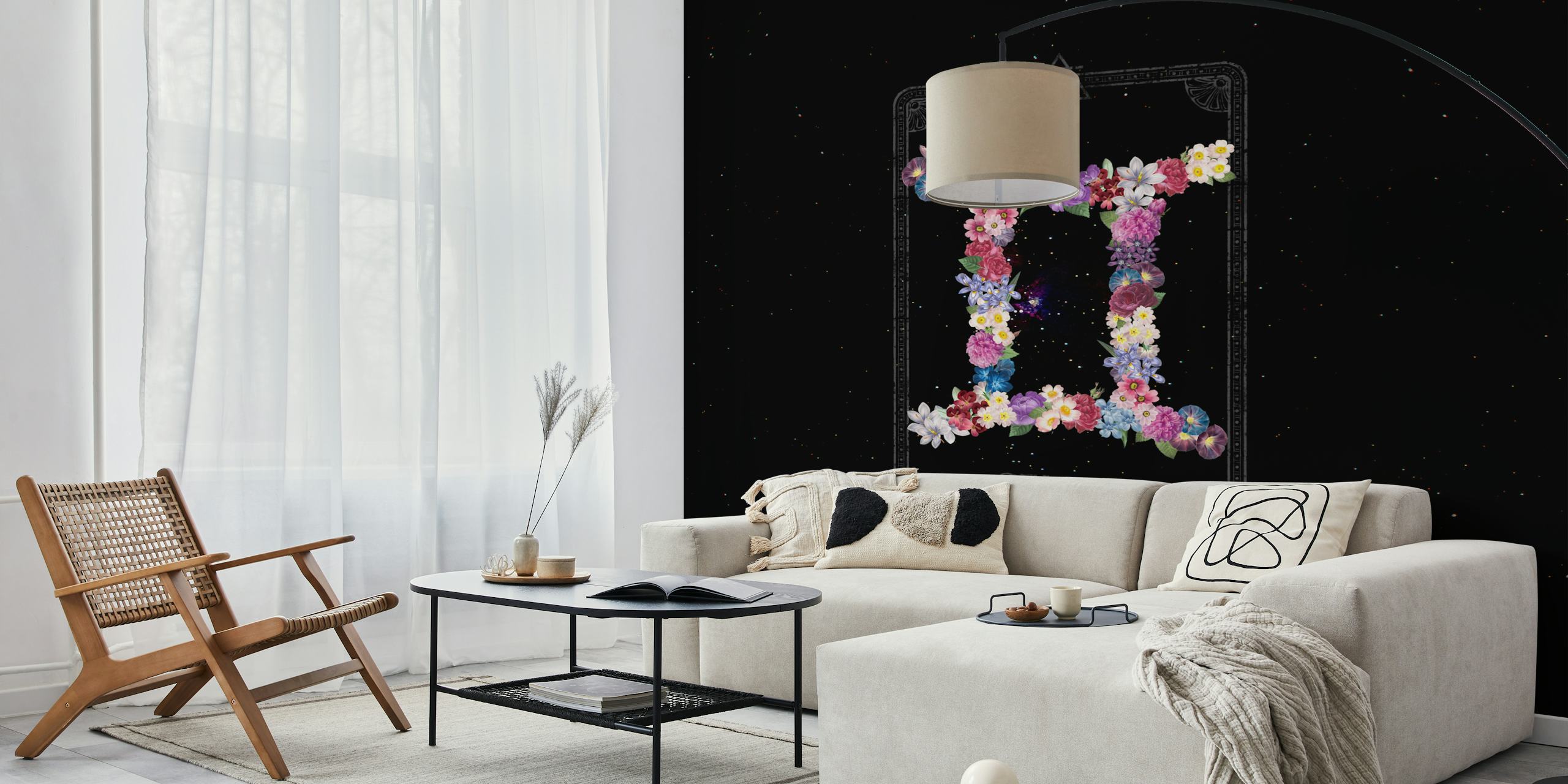 Floral zodiac sign Gemini design with bright flowers on black background wallpaper
