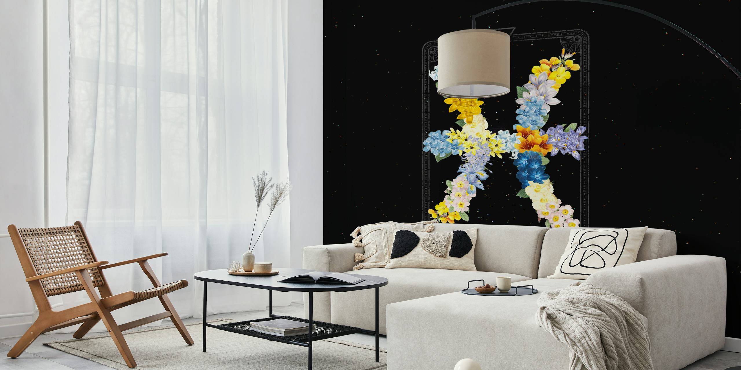 Pisces zodiac sign floral pattern wall mural against a starry night backdrop