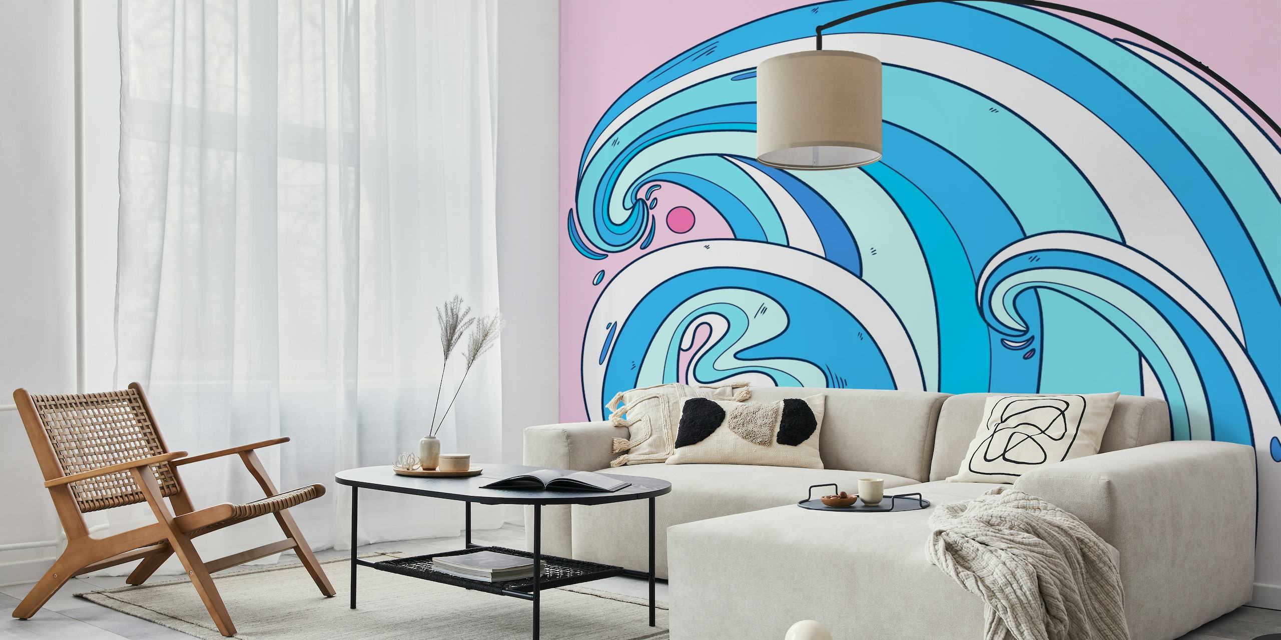 Umjetnička ilustracija kotrljajućih oceanskih valova u plavoj boji s ružičastim odsjajima na zidu