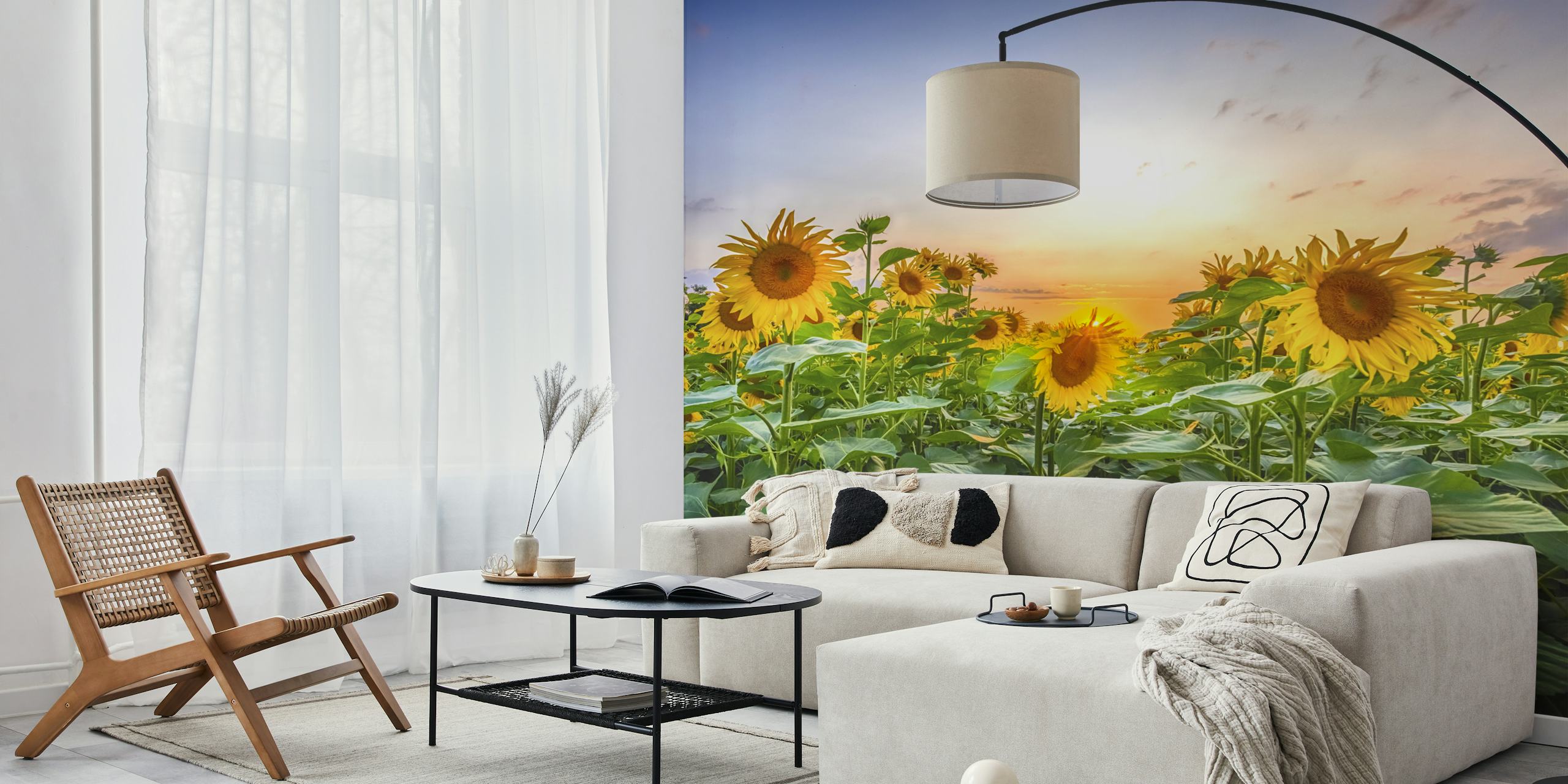 Vibrant sunflowers with a sunset background in yellow and green wallpaper