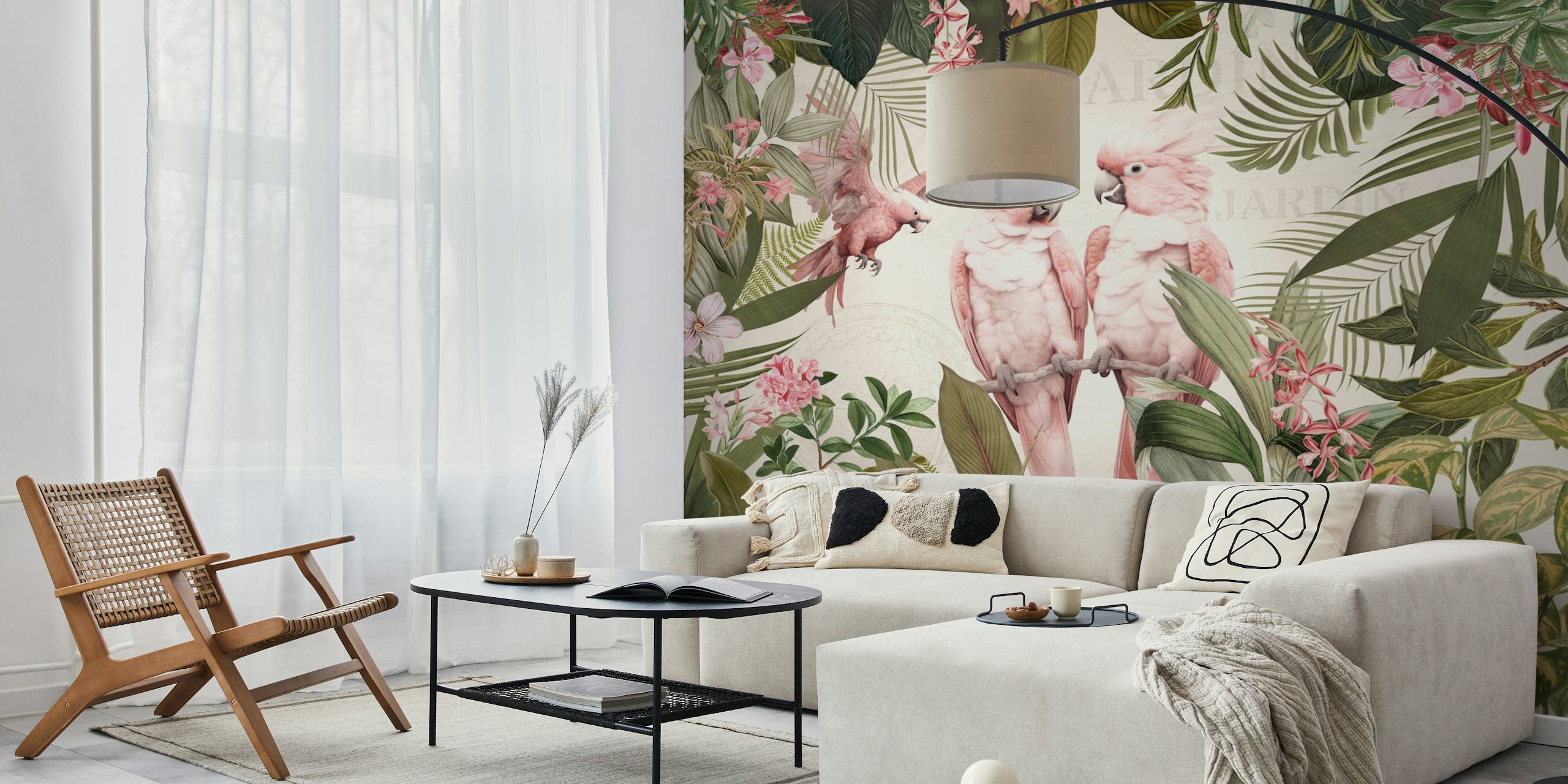 Pink parrots amidst lush green leaves and tropical flowers wallpaper