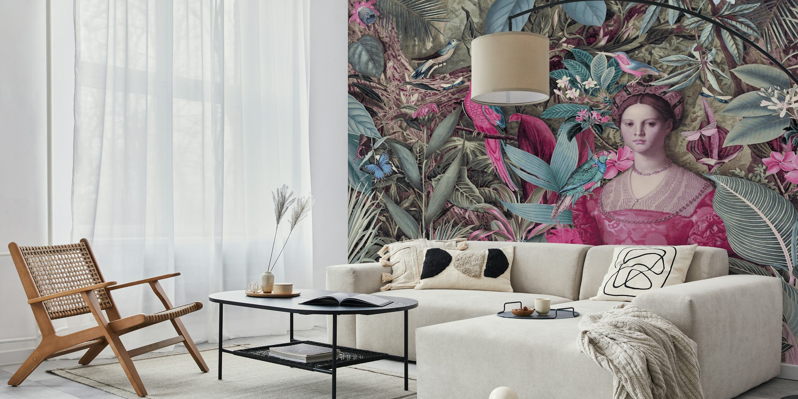 Baroque lady with parrots and jungle foliage wallpaper