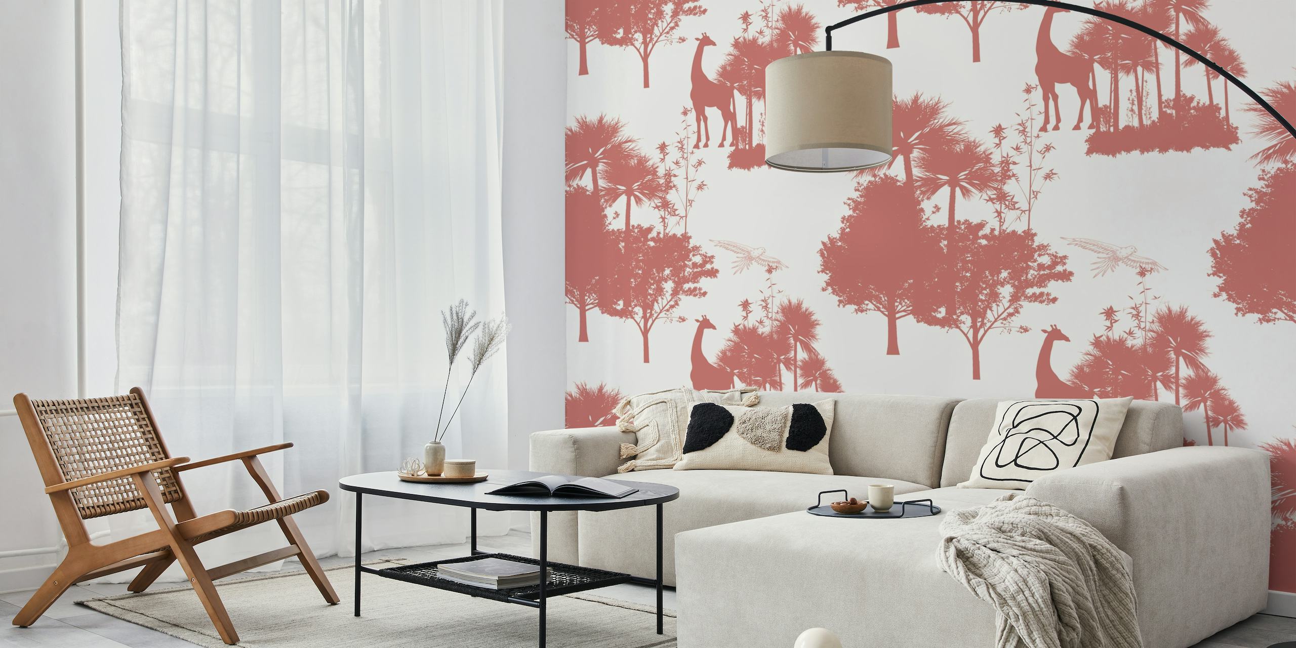 Red Safari Toile Pattern wall mural with giraffes and palm trees