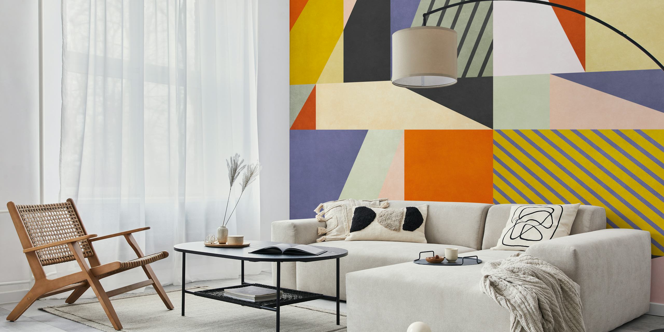 Colorful geometric shapes in orange, yellow, pink, blue, and gray wallpaper